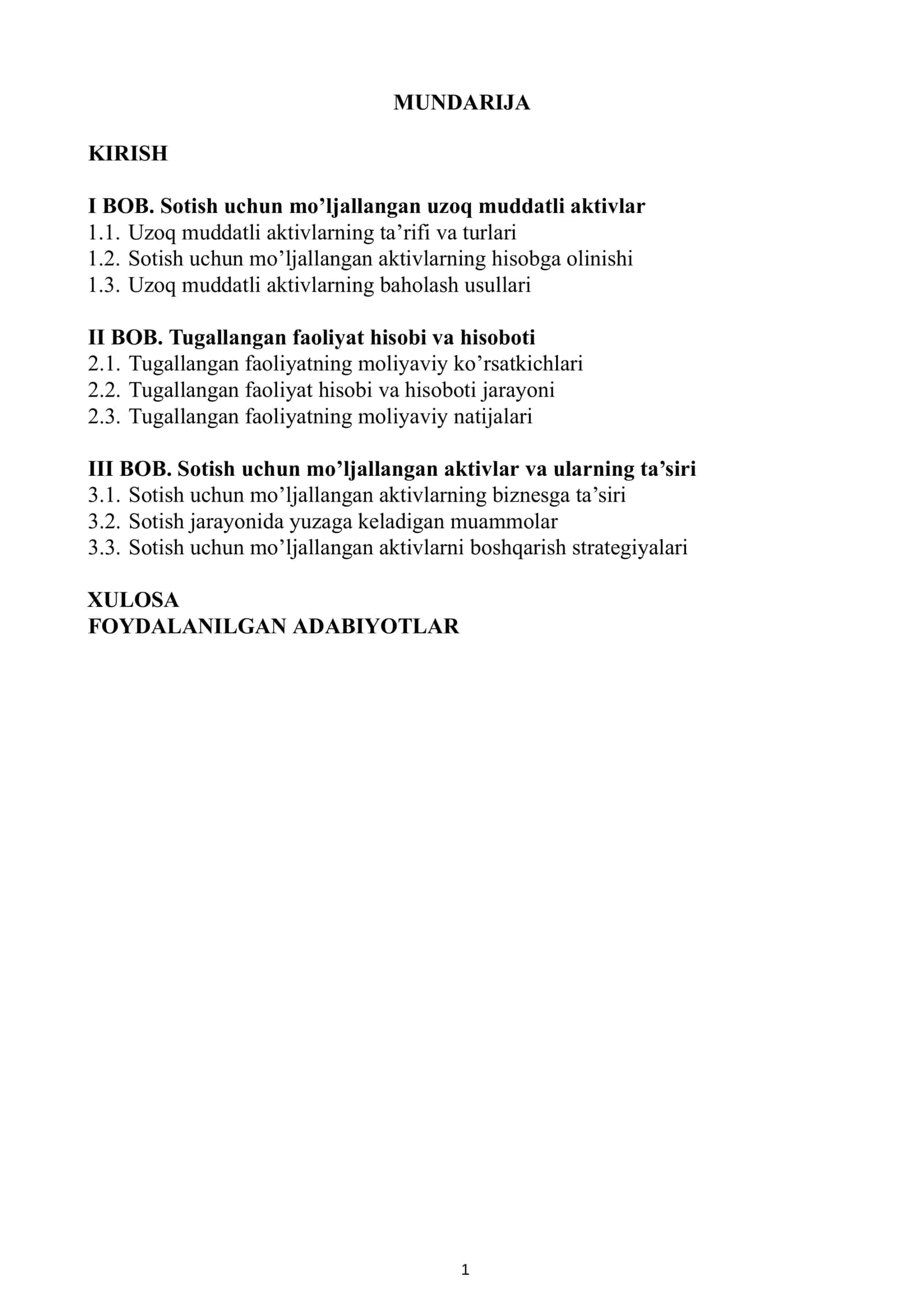 KURS ISHI: Sotish uchun mo'ljallangan uzoq muddatli aktivlar va tugallangan faoliyat hisobi va hisoboti 2