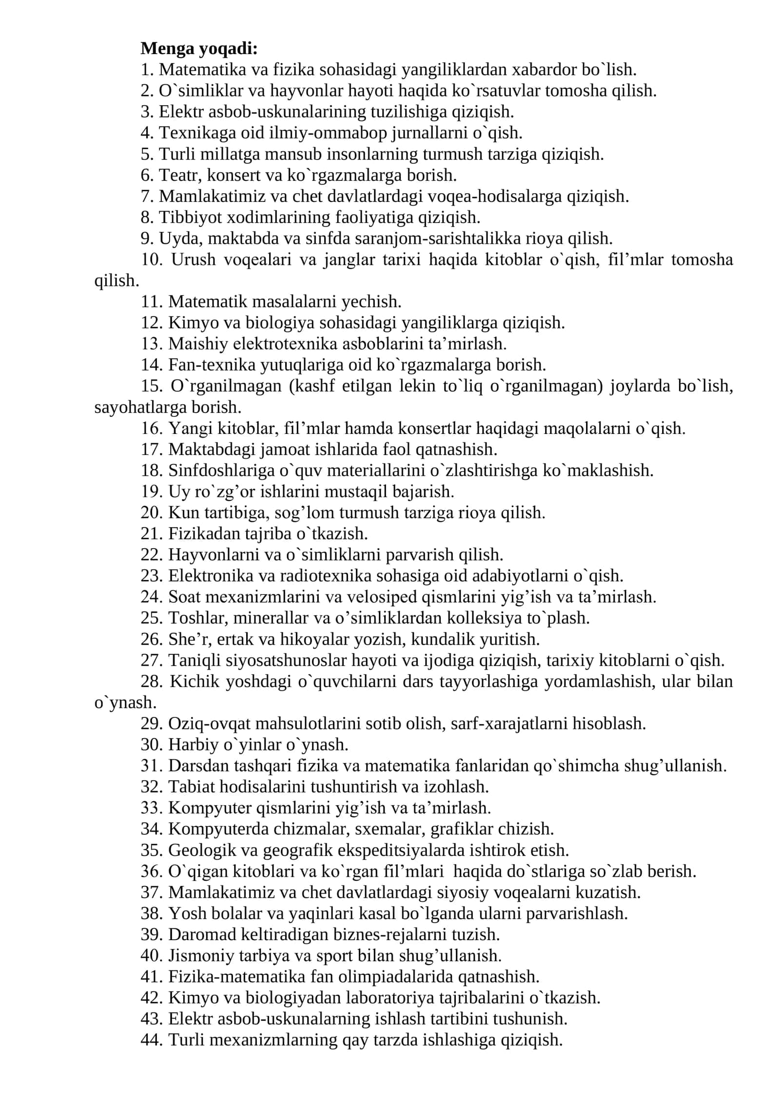 Kasbiy qiziqish va layoqatlarni o‘rganish 2
