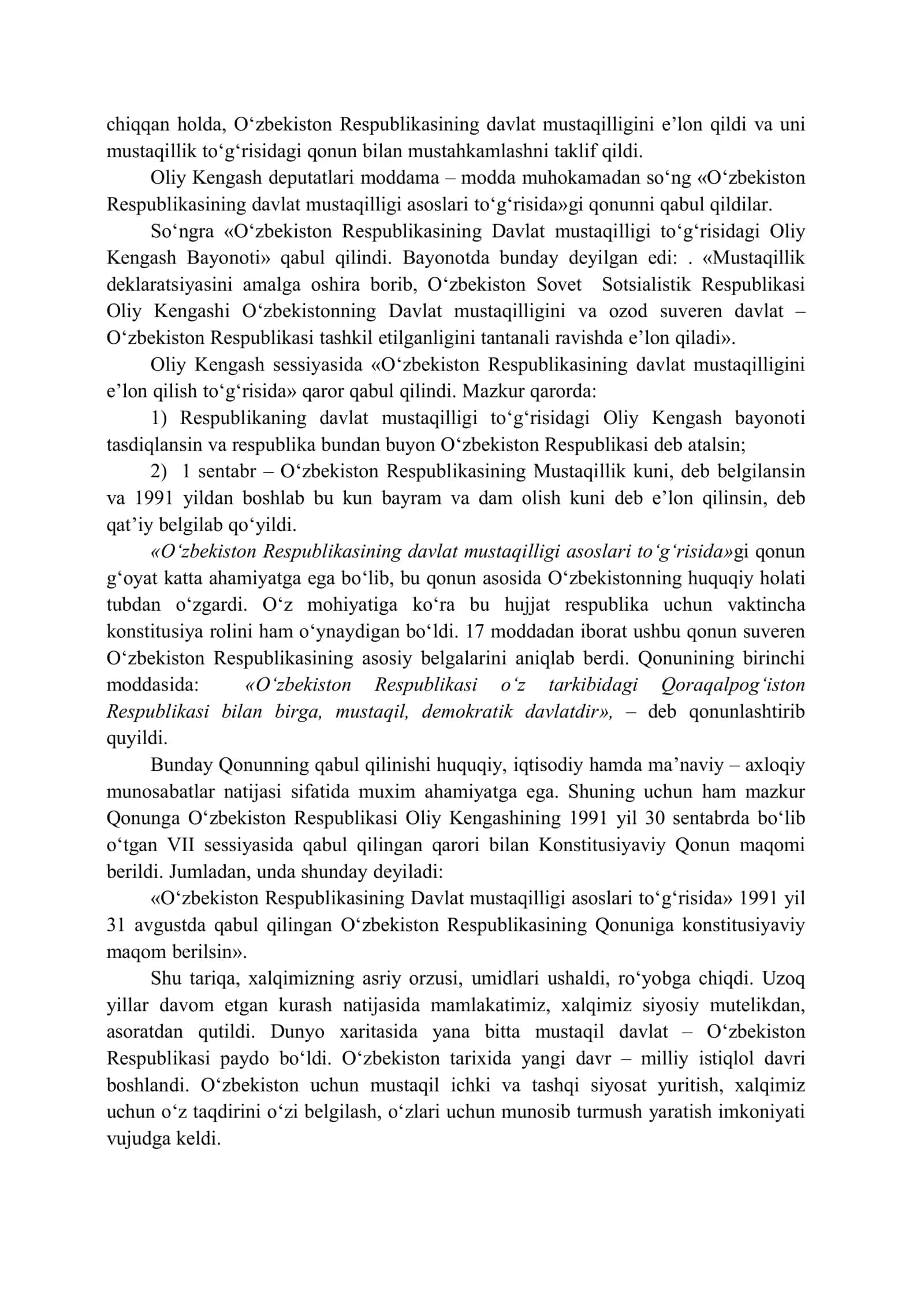 Mustaqil O‘zbekiston Respublikasi tashkil topishining tarixiy ahamiyati 2