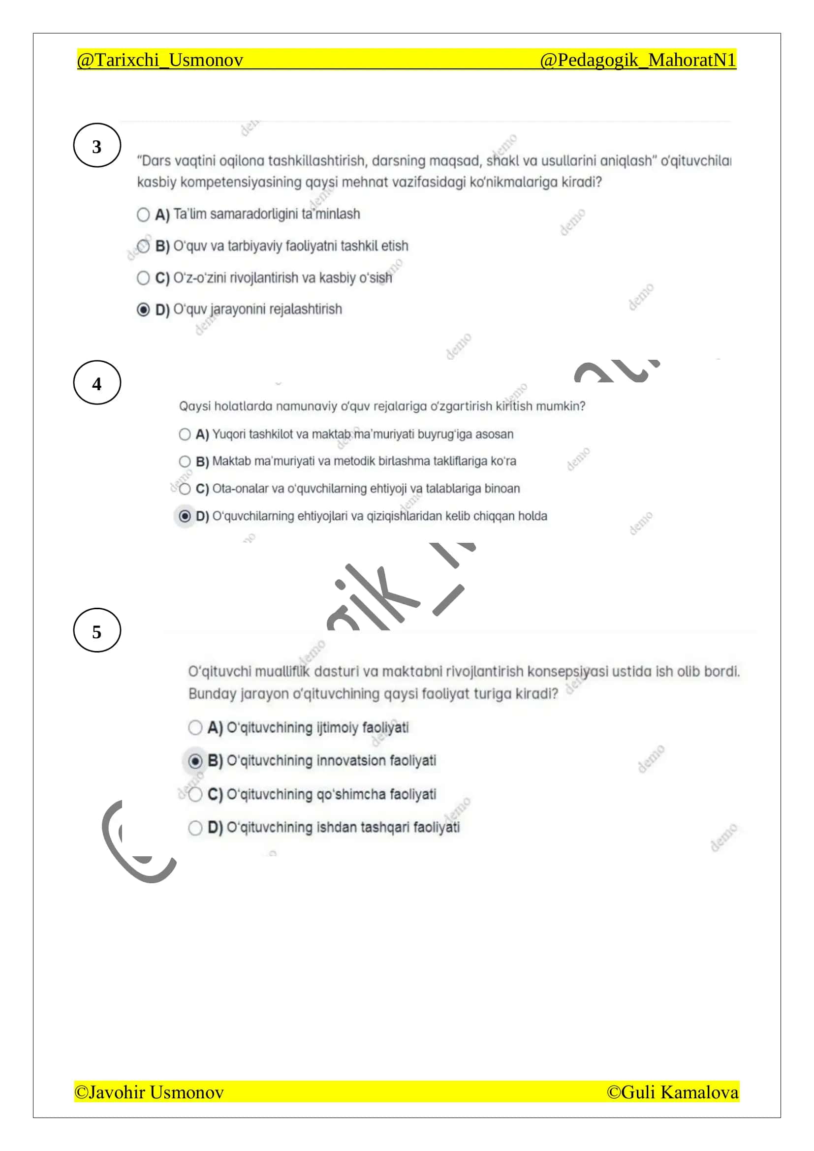 Toyfa imtihobida pedagogikadan tushgan testlar javobi bilan 2