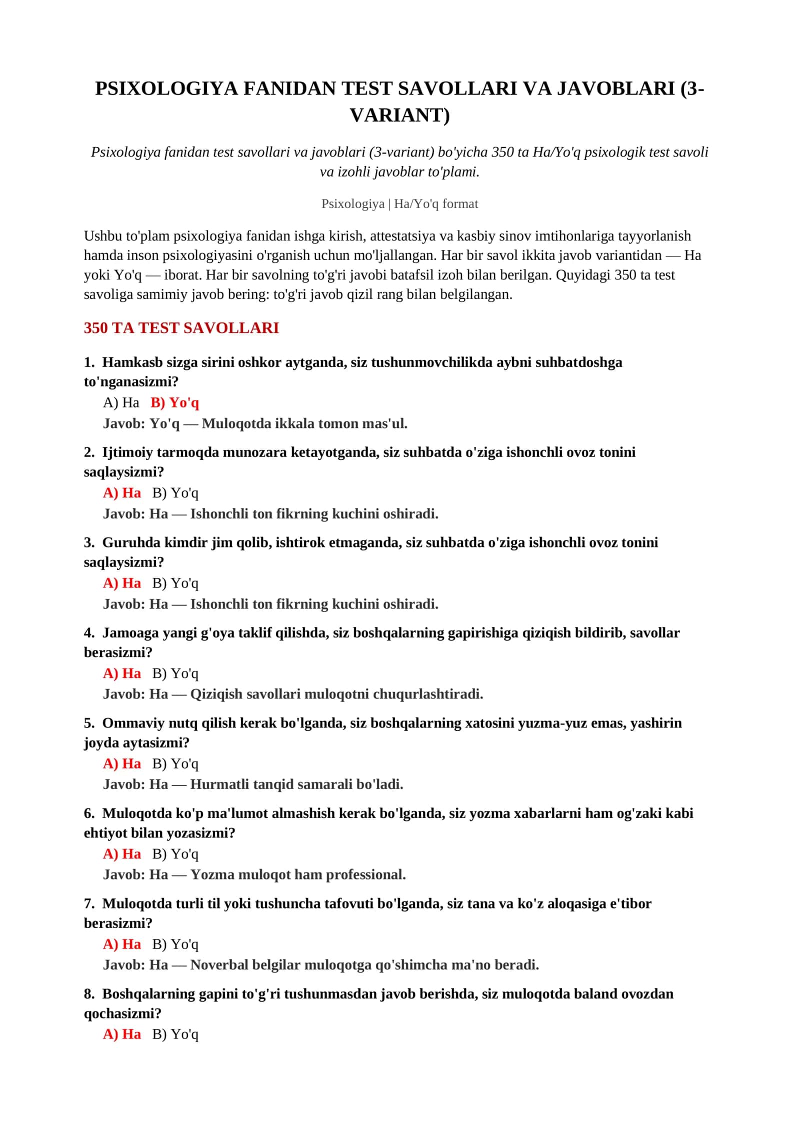 Psixologiya Fanidan Test Savollari va Javoblari (3-VARIANT) 2