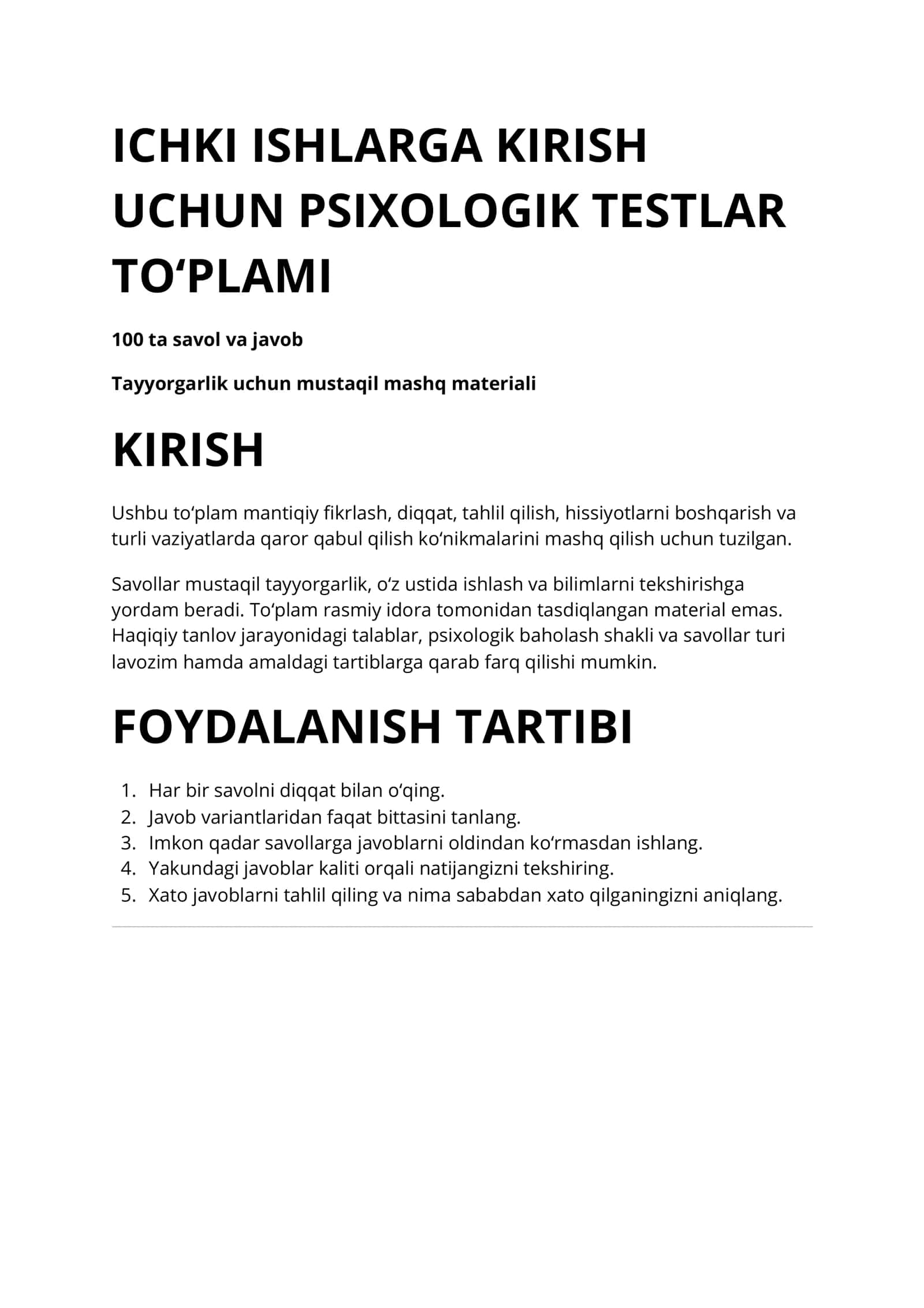 Ichki Ishlarga Kirish Uchun Psixologik Testlar To‘plami 2