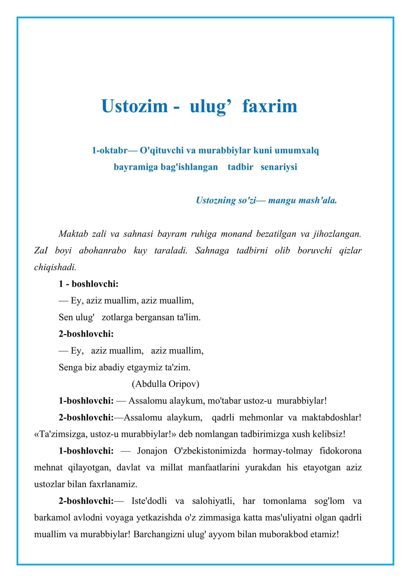 Murabbiylar va O'qituvchilar Kuni 2