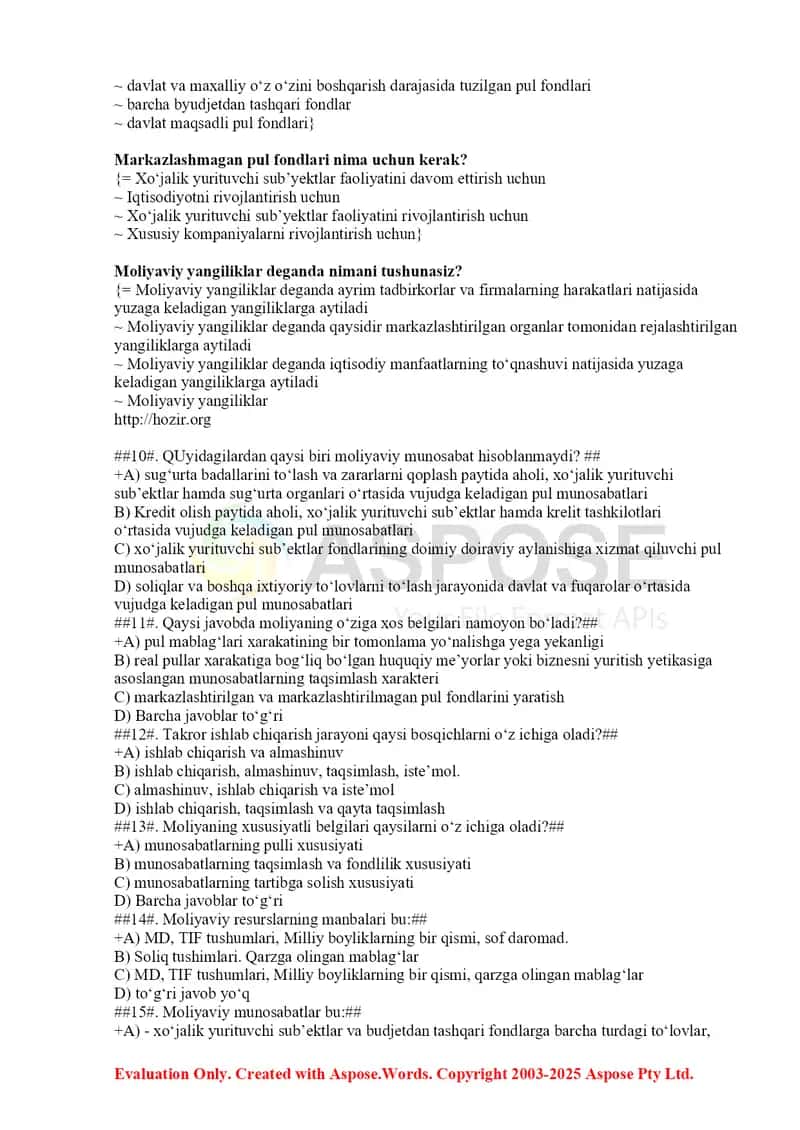 Moliya fanidan test savollari 2025 2