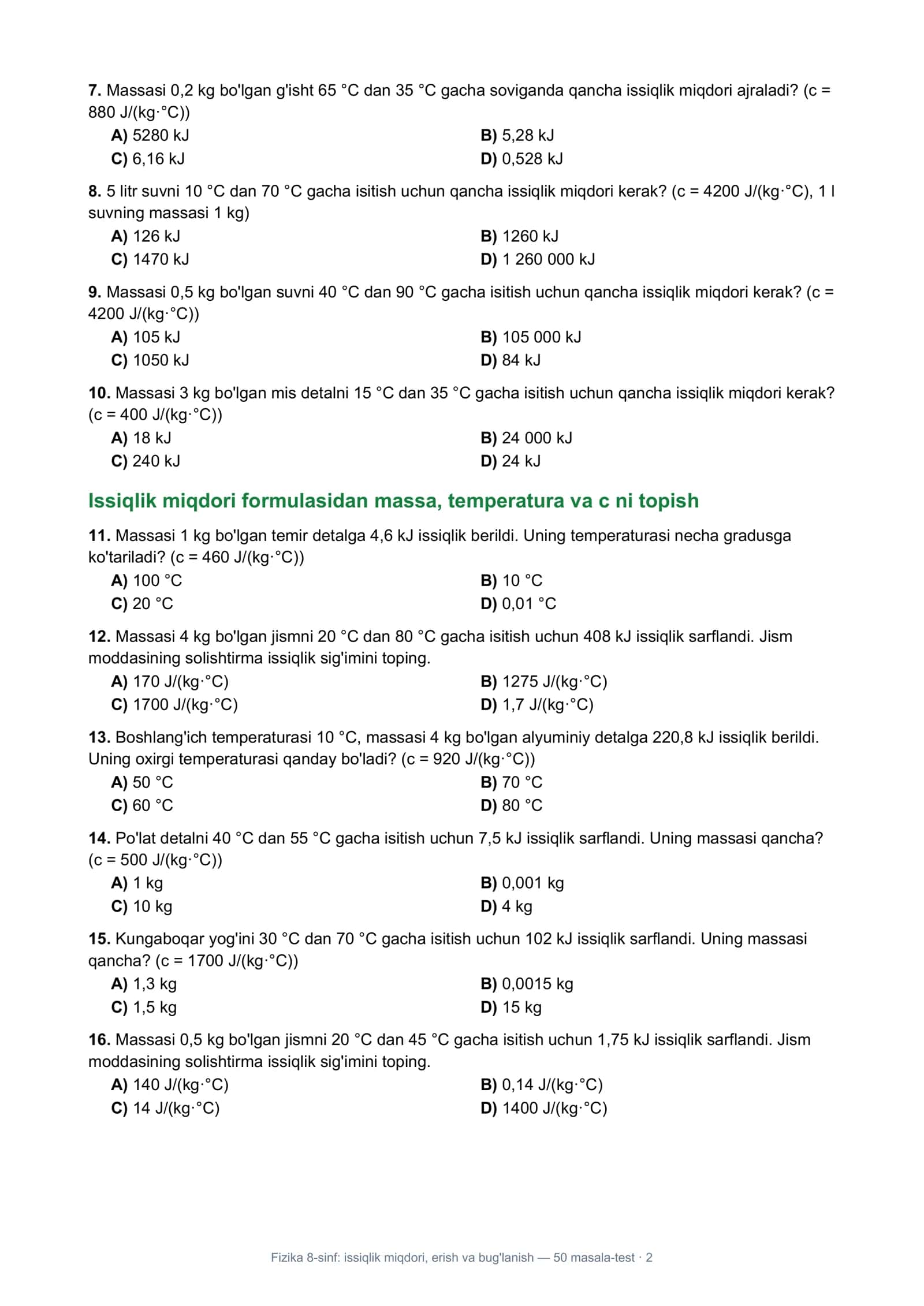 Fizika 8-sinf: Issiqlik miqdori, erish va bug'lanish — 50 masala-test 2