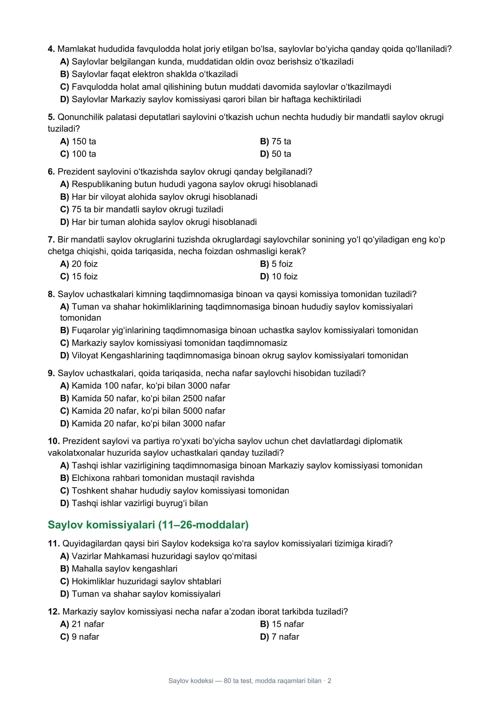 Saylov kodeksi — 80 ta test, modda raqamlari bilan 2