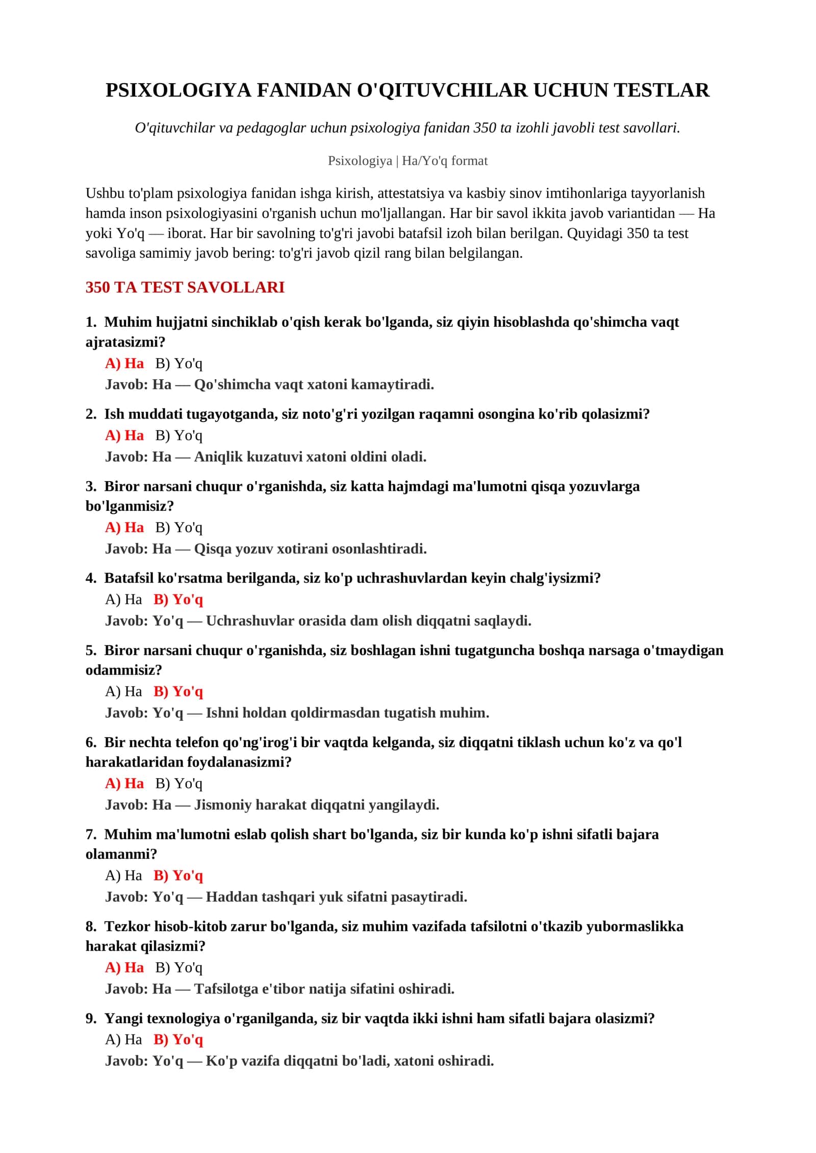 O'qituvchilar uchun psixologiya fanidan testlar 2