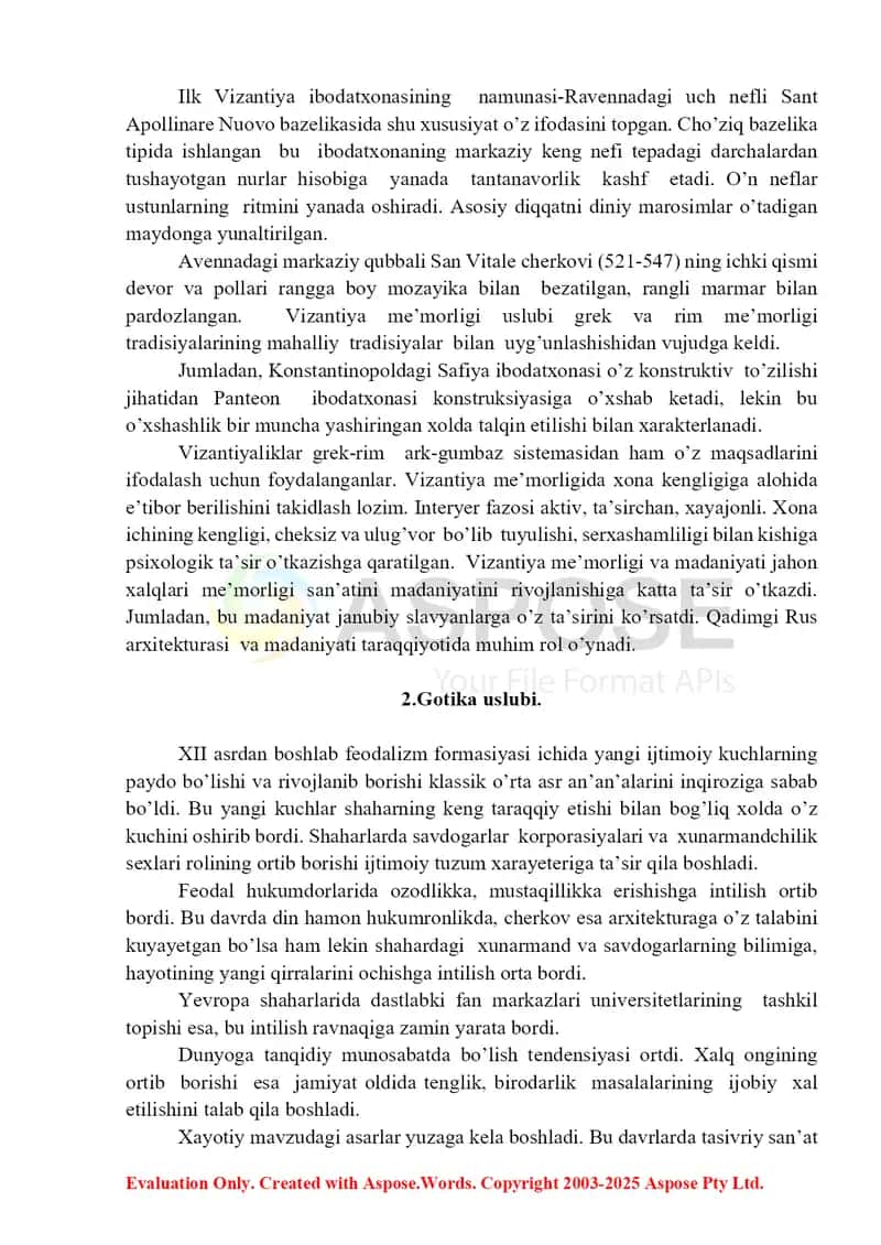 3-ma’ruza: Vizantiya arxitekturasi va shaharsoslovi hamda gotika uslubi (2 soat) 2