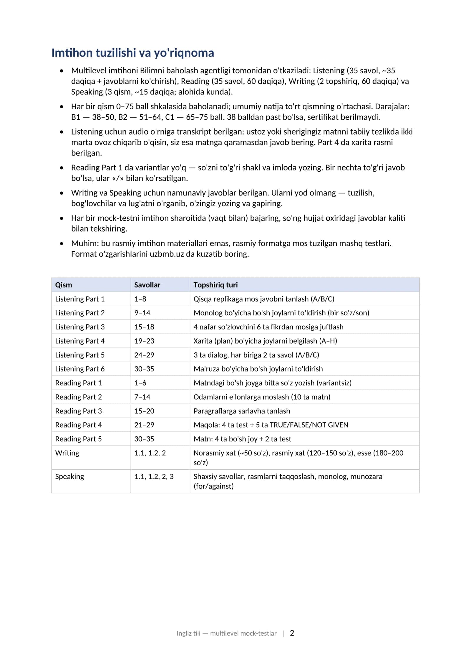 INGLIZ TILI Multilevel (CEFR) milliy sertifikat imtihoniga tayyorgarlik: mock-testlar to'plami (2025–2026) 2