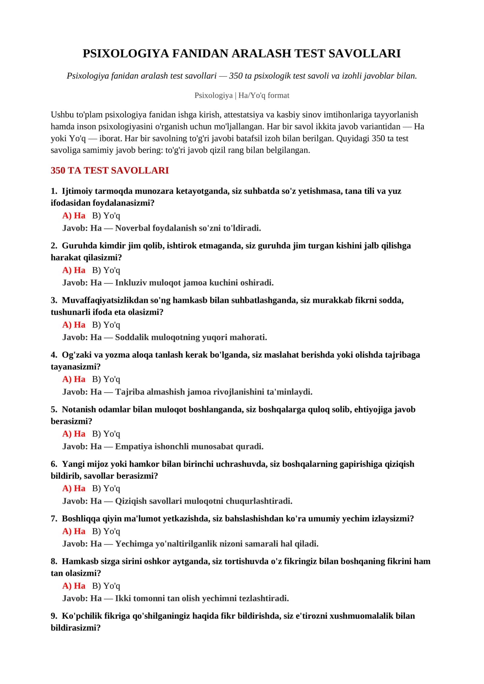 PSIXOLOGIYA FANIDAN ARALASH TEST SAVOLLARI 2