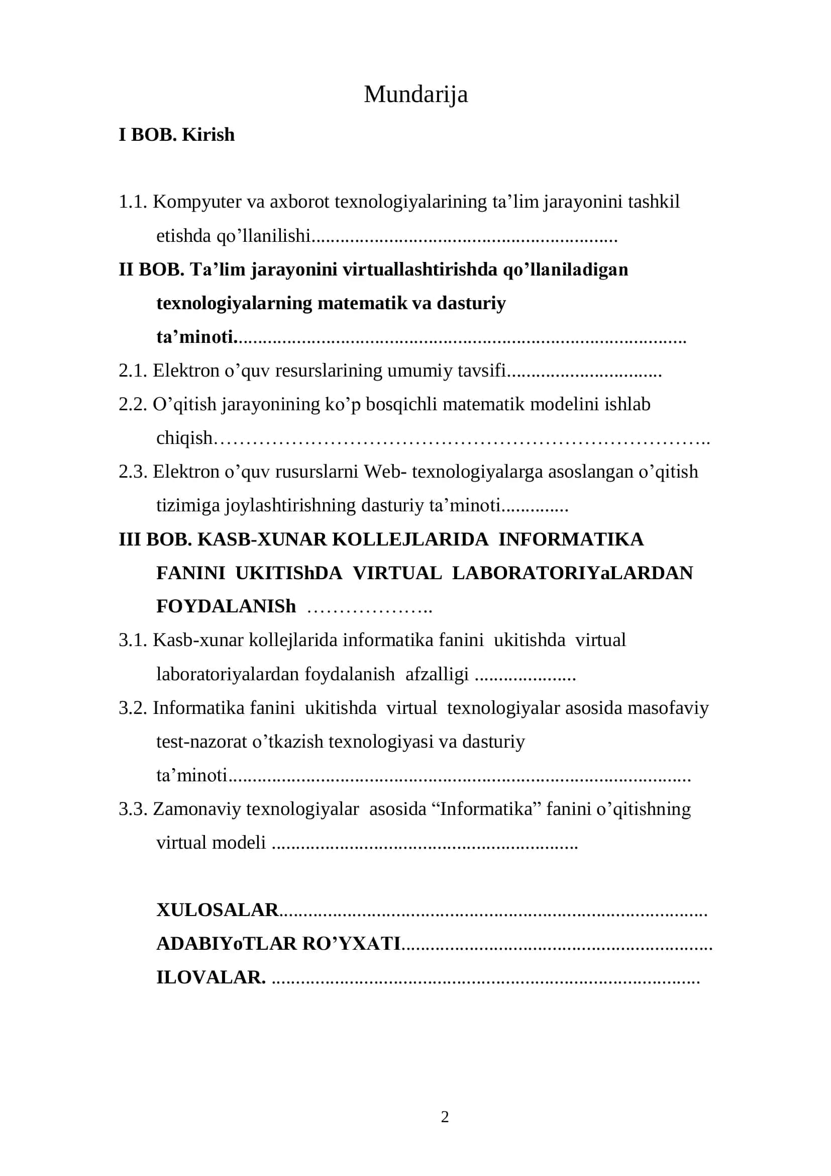 DJULANOV BEHZOD RAYIMBERDIEVIChNING 5480100 – Amaliy matematika va informatika ta’lim yo’nalishi bo’yicha bakalavr darajasini olish uchun “KASB-HUNAR KOLLEJLARIDA INFORMATIKA FANINI O’QITISHDA VIRTUAL LABORATORIYALARDAN FOYDALANISH” mavzusidagi BITIRUV MALAKAVIY ISHI 2