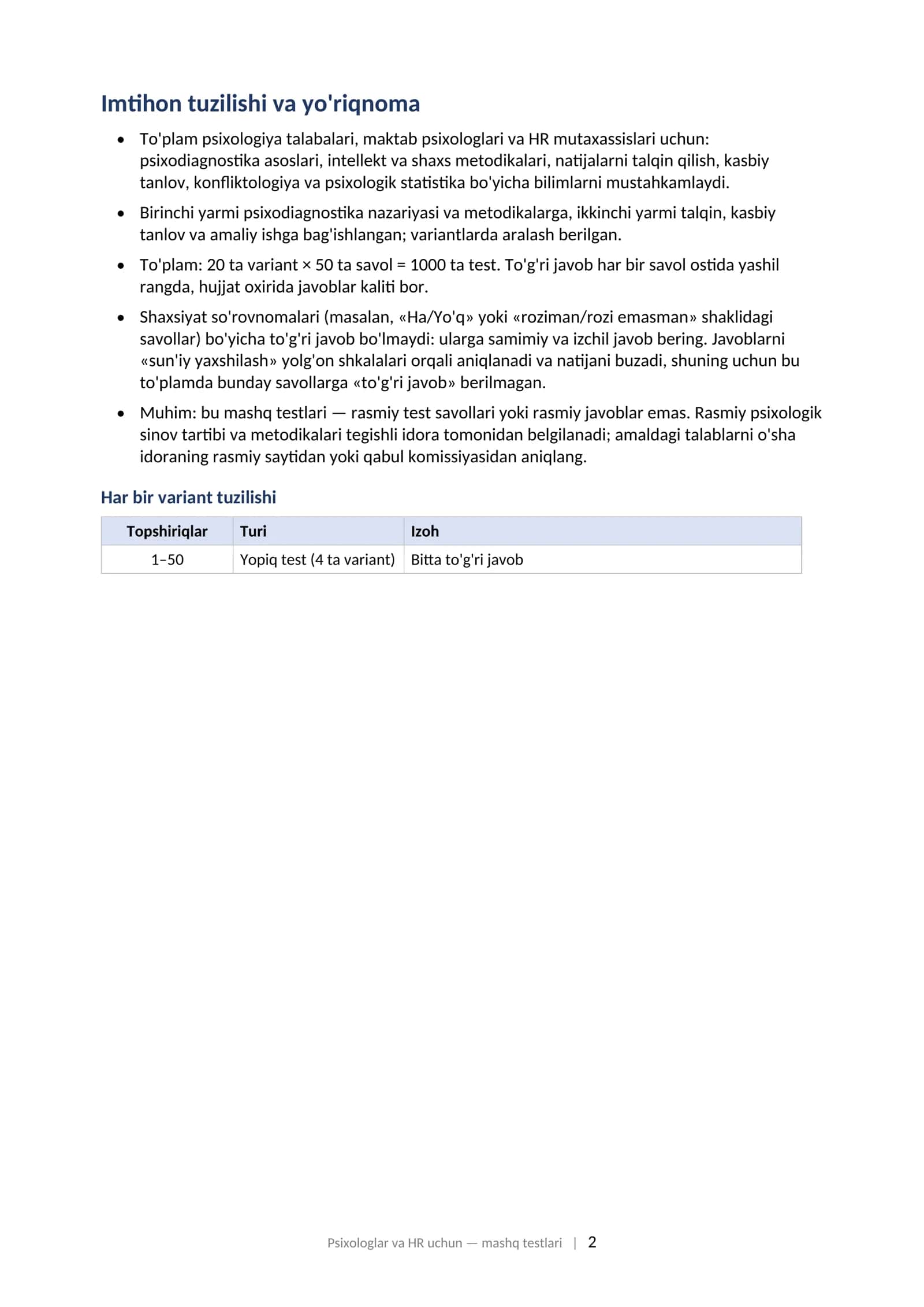 PSIXOLOGIK TESTLAR BO'YICHA ISHCHI MATERIAL: PSIXOLOGLAR VA HR UCHUN Psixodiagnostika va kasbiy psixologik tanlov bo'yicha tayyorgarlik to'plami: mashq testlari. Psixolog va HR tayyorgarlik toplami mashq testlari 2