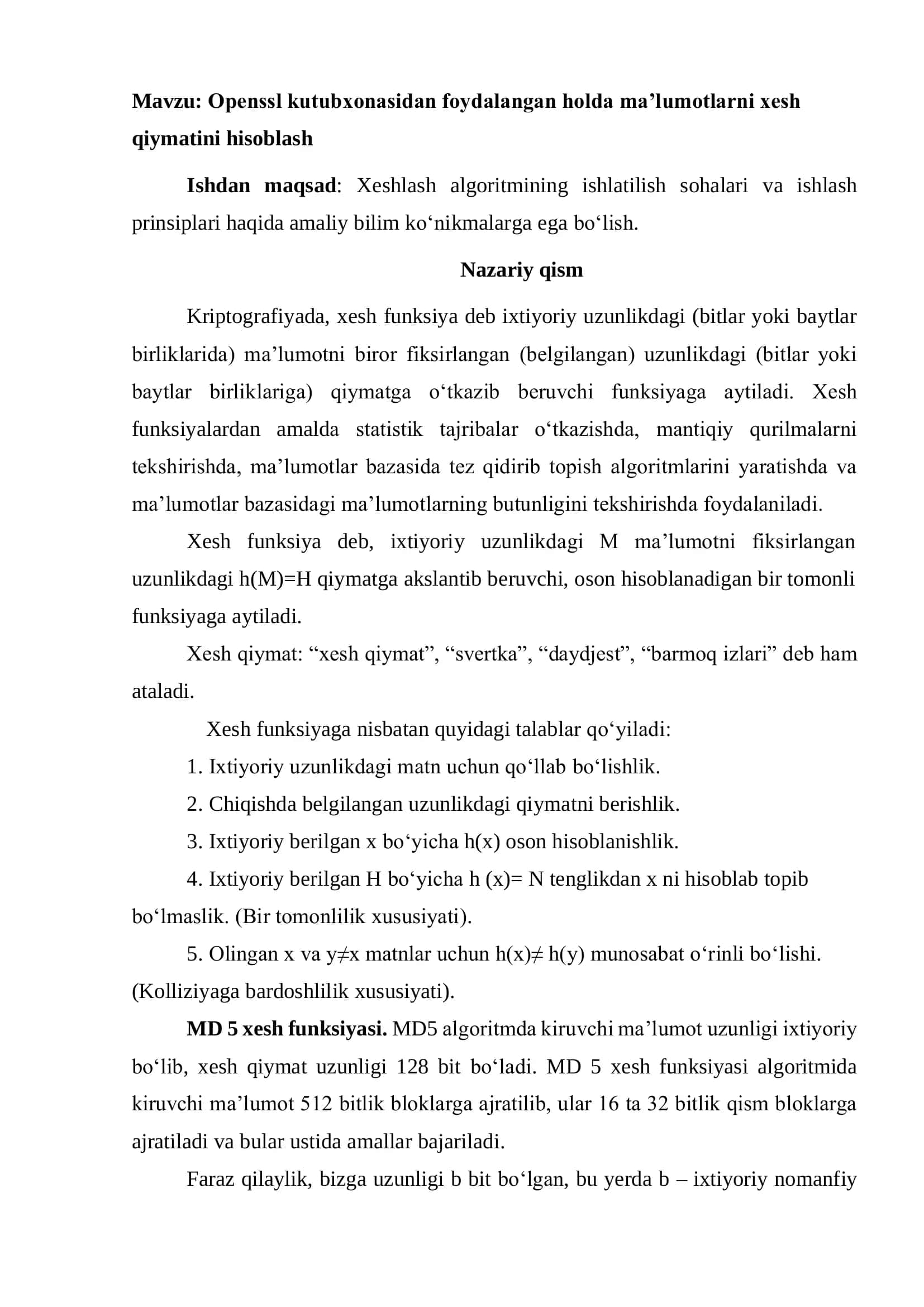 Openssl kutubxonasidan foydalangan holda ma’lumotlarni xesh qiymatini hisoblash 2