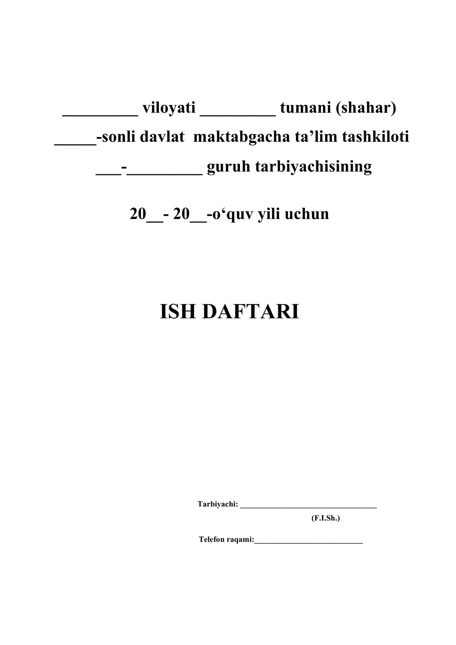 TARBIYACHI Ish Daftari 2026 YIL 2
