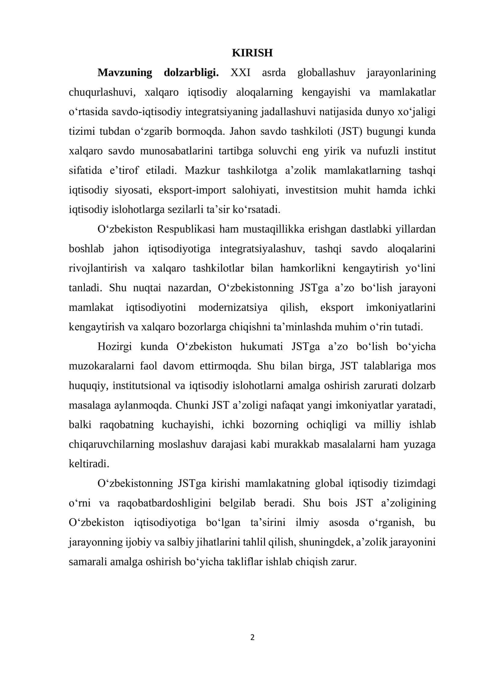 O‘zbekistonning Jahon savdo tashkilotiga a’zo bo‘lish istiqbollarini tahlil qilish 2