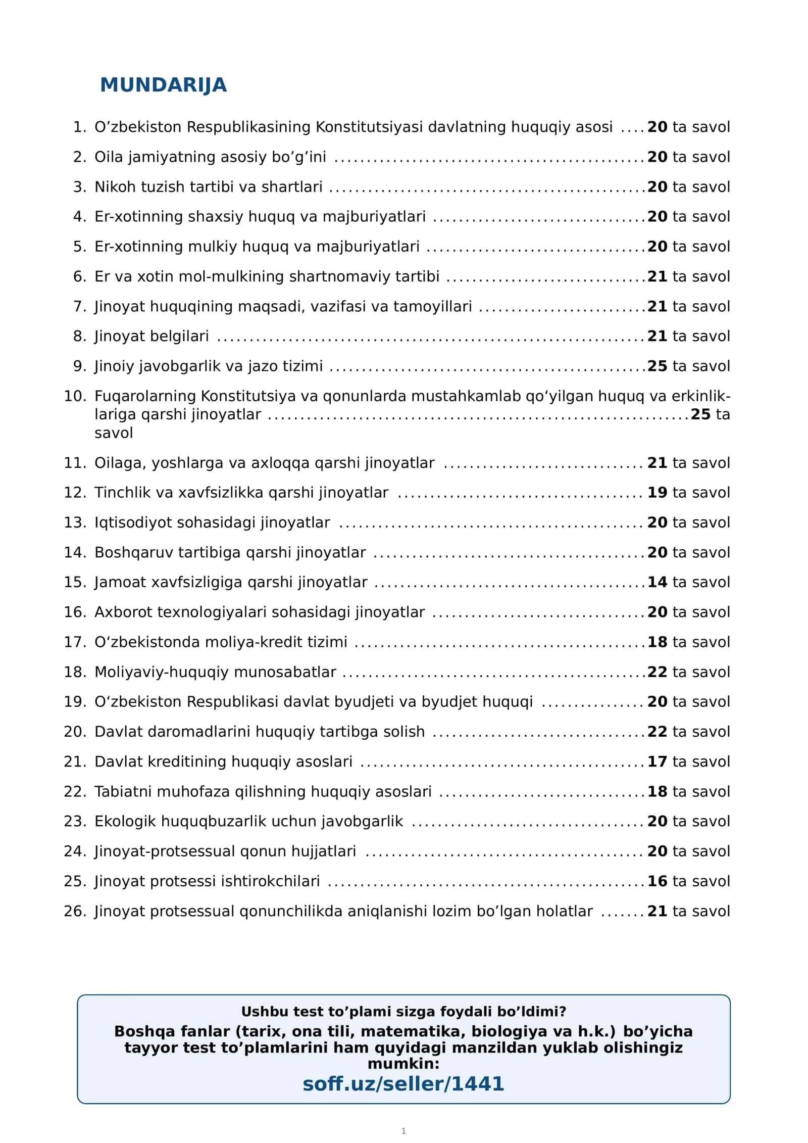 11-sinf HUQUQ MAVZULASHTIRILGAN TEST 2