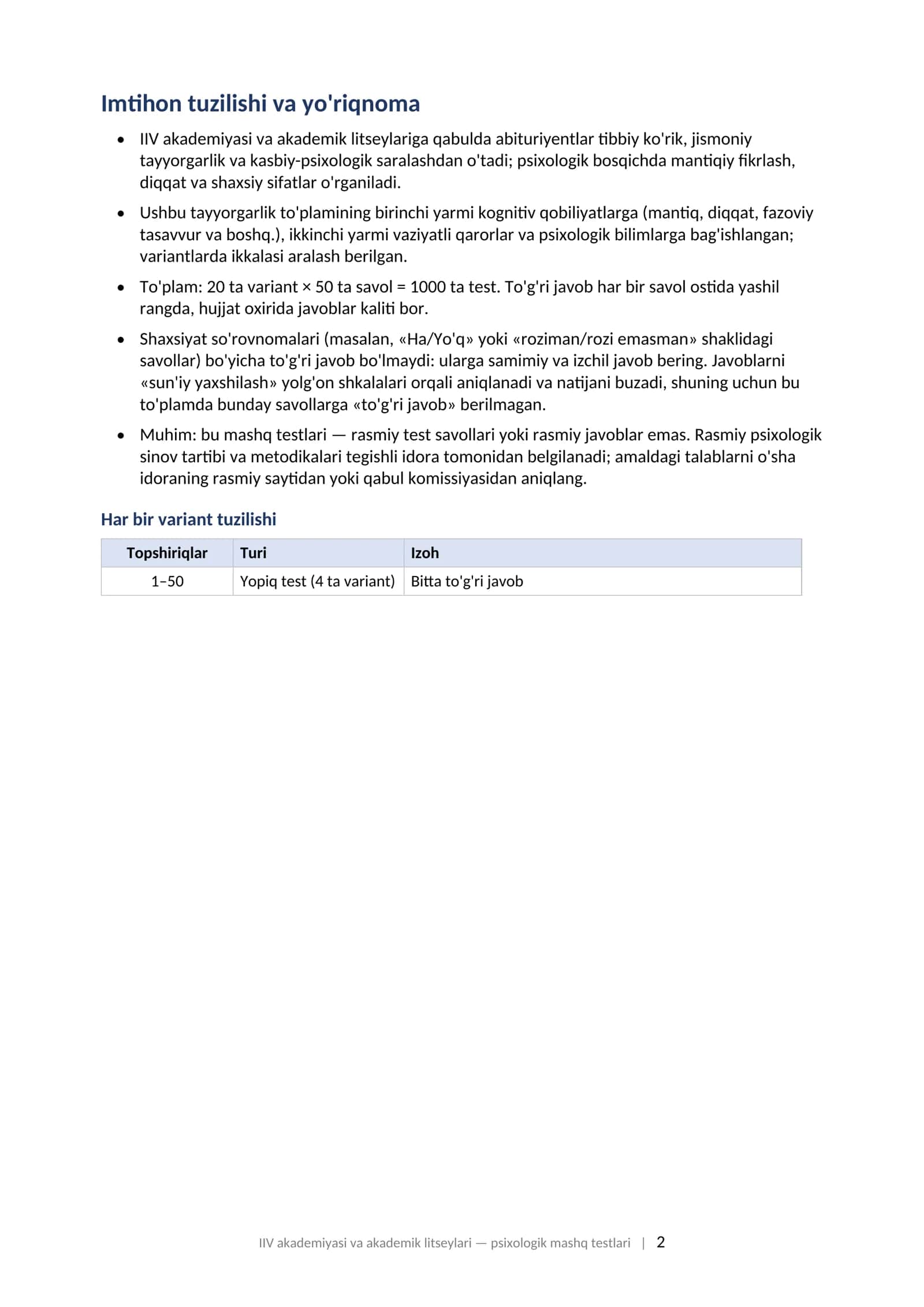 IIV AKADEMIYASI VA AKADEMIK LITSEYLARIGA KIRUVCHILAR UCHUN PSIXOLOGIK TEST Kasbiy-psixologik saralash bosqichiga tayyorgarlik to'plami: mashq testlari. IIV akademiyasi va litseylari psixologik mashq testlari 2