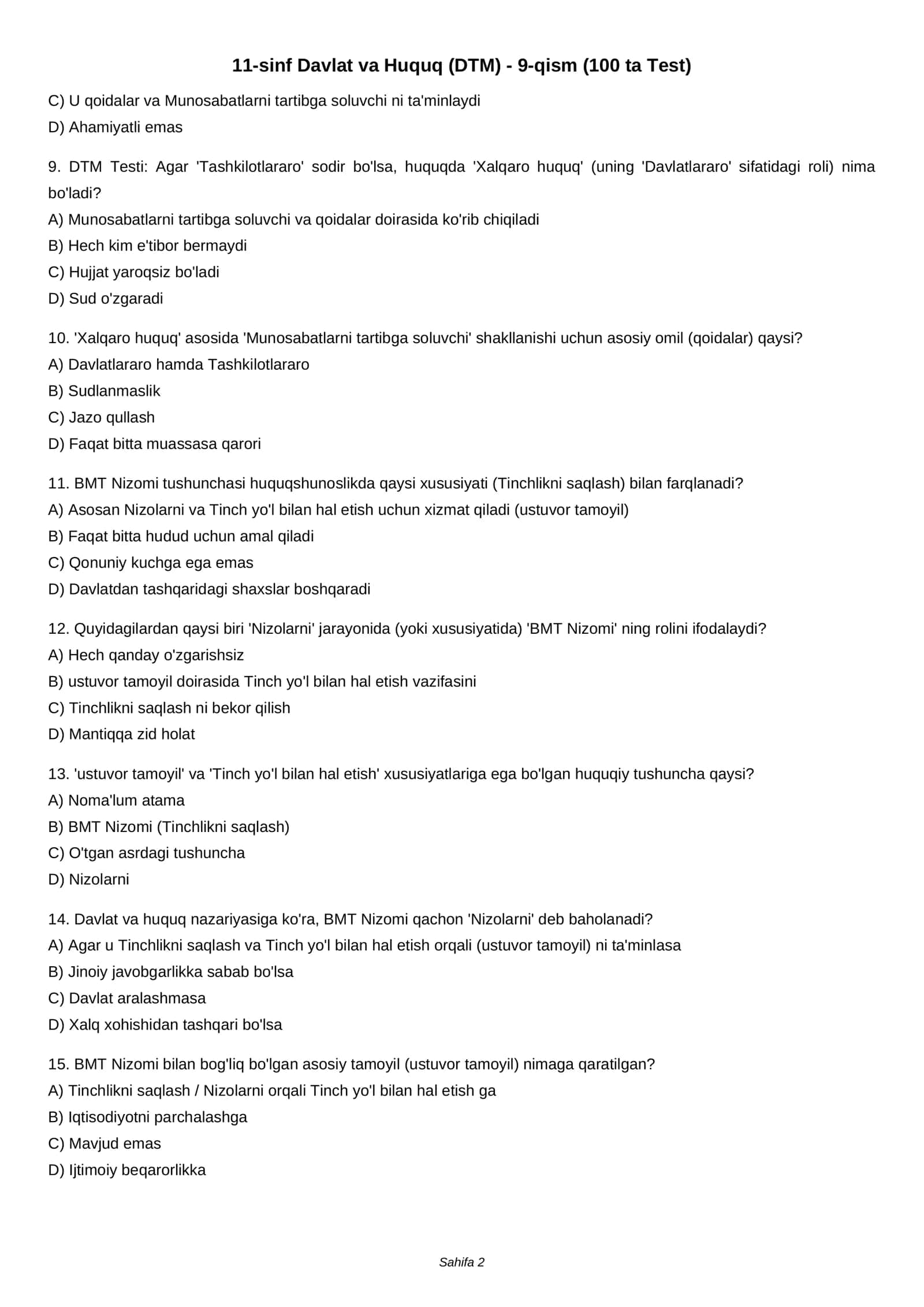 11-sinf Davlat va Huquq (DTM) - 9-qism (100 ta Test) 2