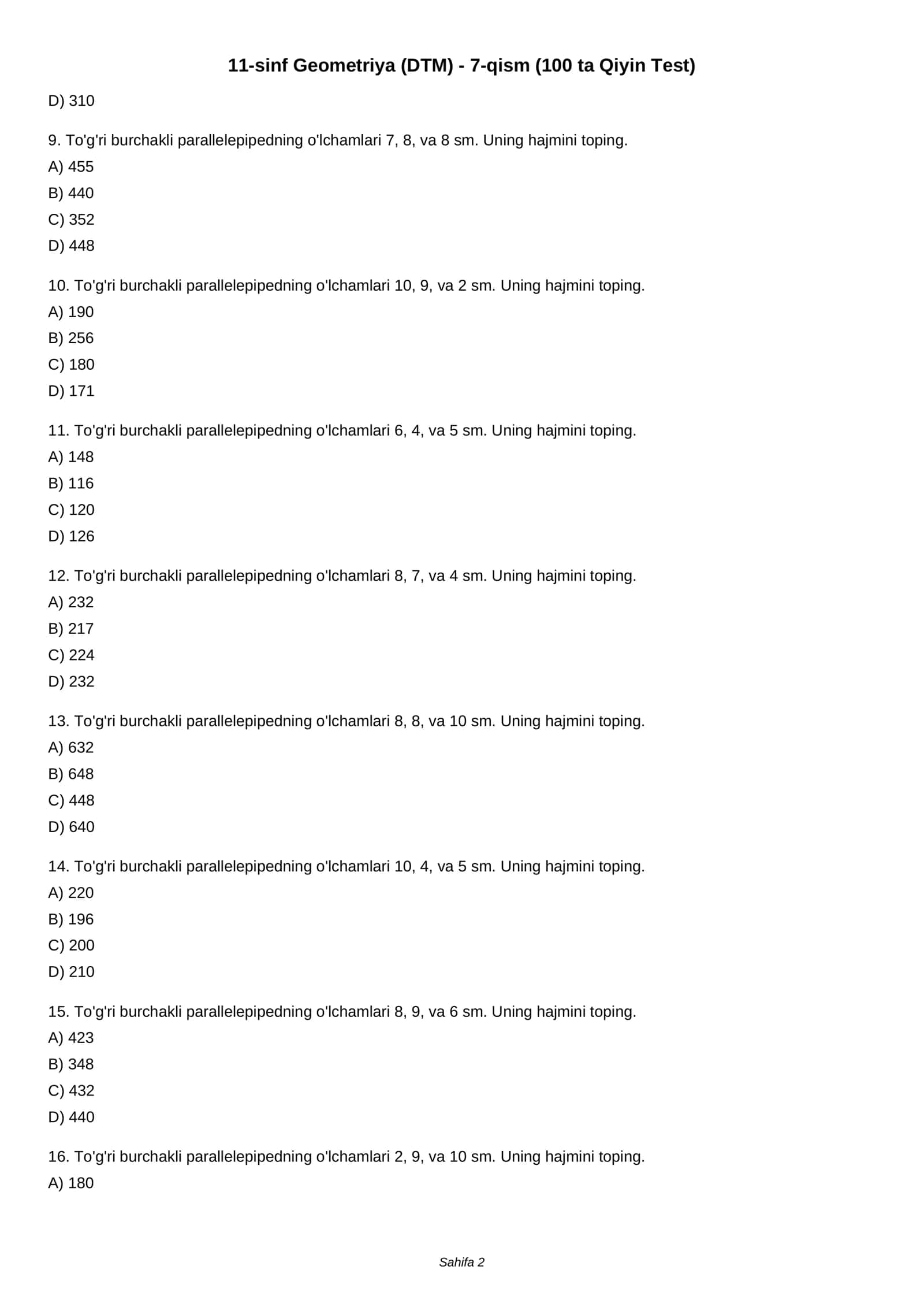 11-sinf Geometriya (DTM) - 7-qism (100 ta Qiyin Test) 2
