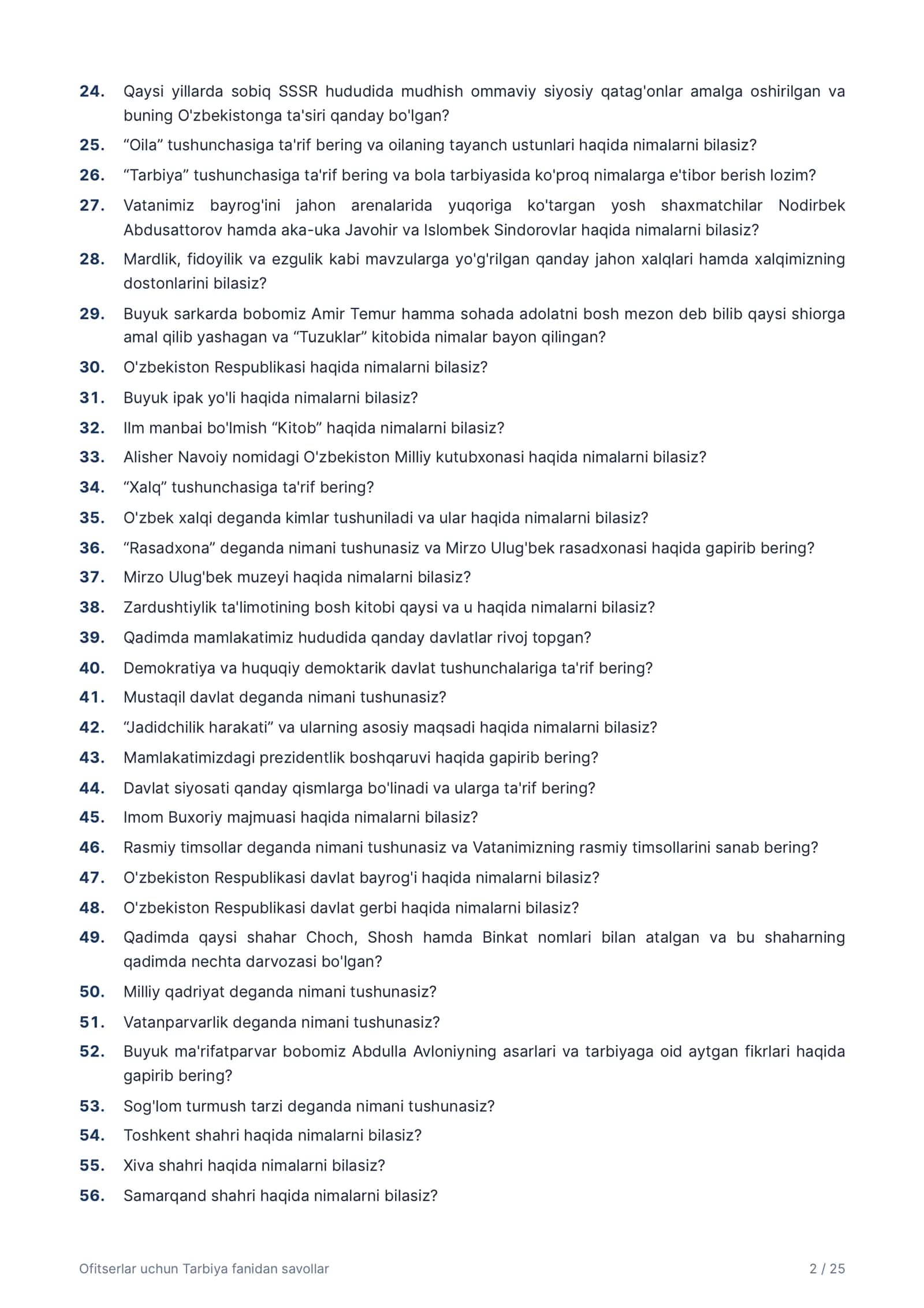 Ofitserlar uchun Tarbiya fanidan savollar 2