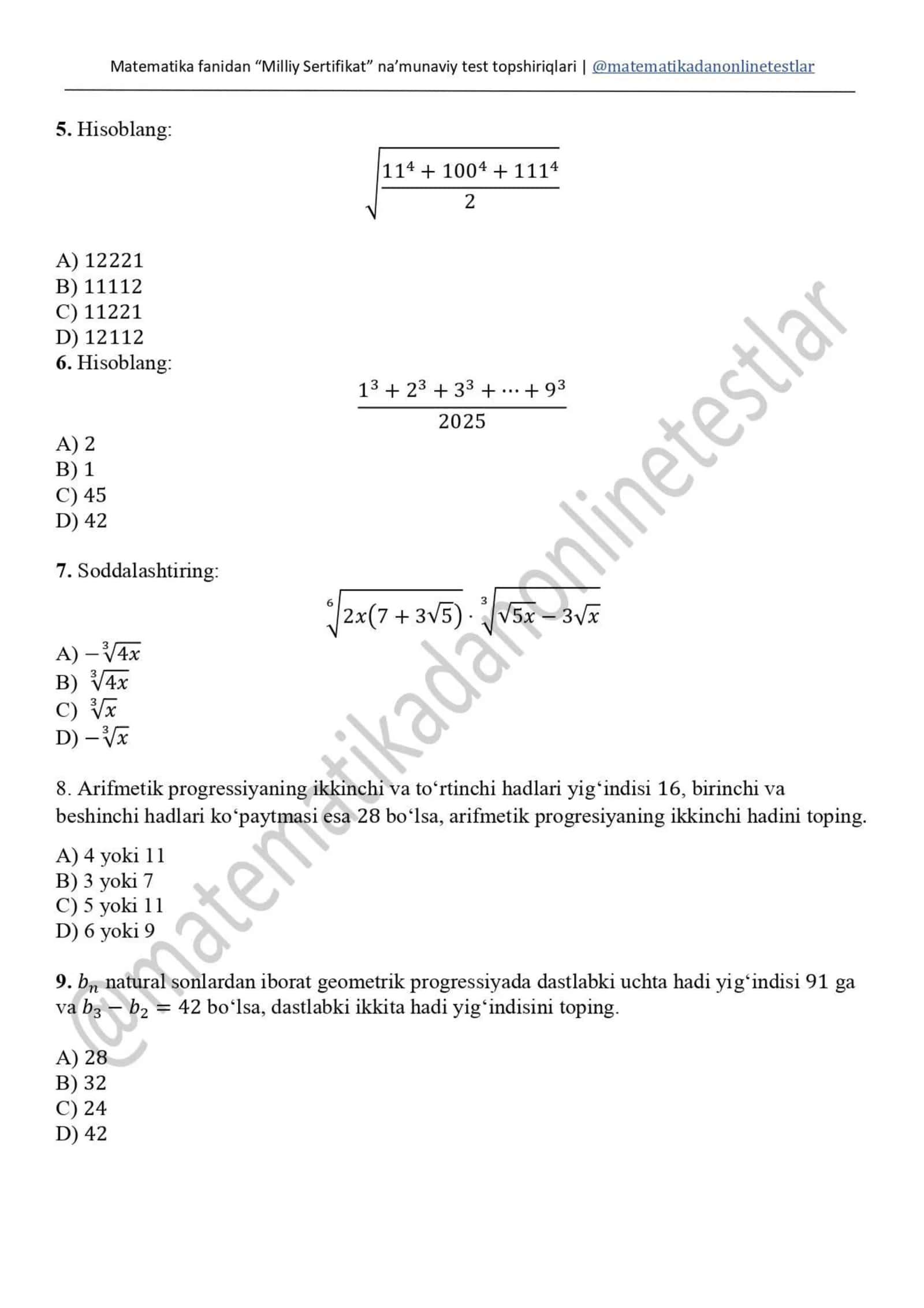 Milliy sertifikat test Matematika 2