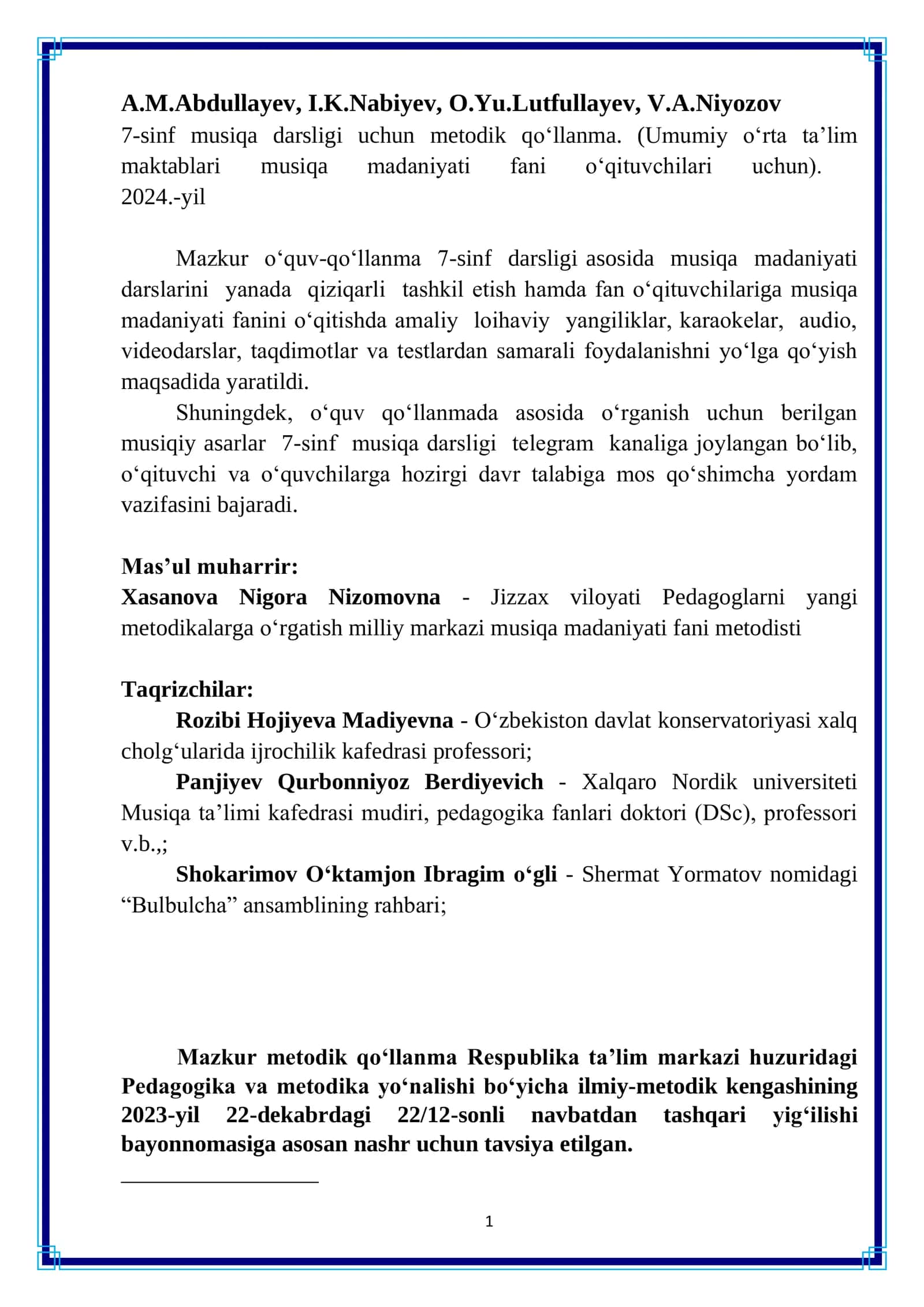 Umumiy o‘rta ta’lim maktablari musiqa madaniyati fani uchun metodik qo‘llanma 2