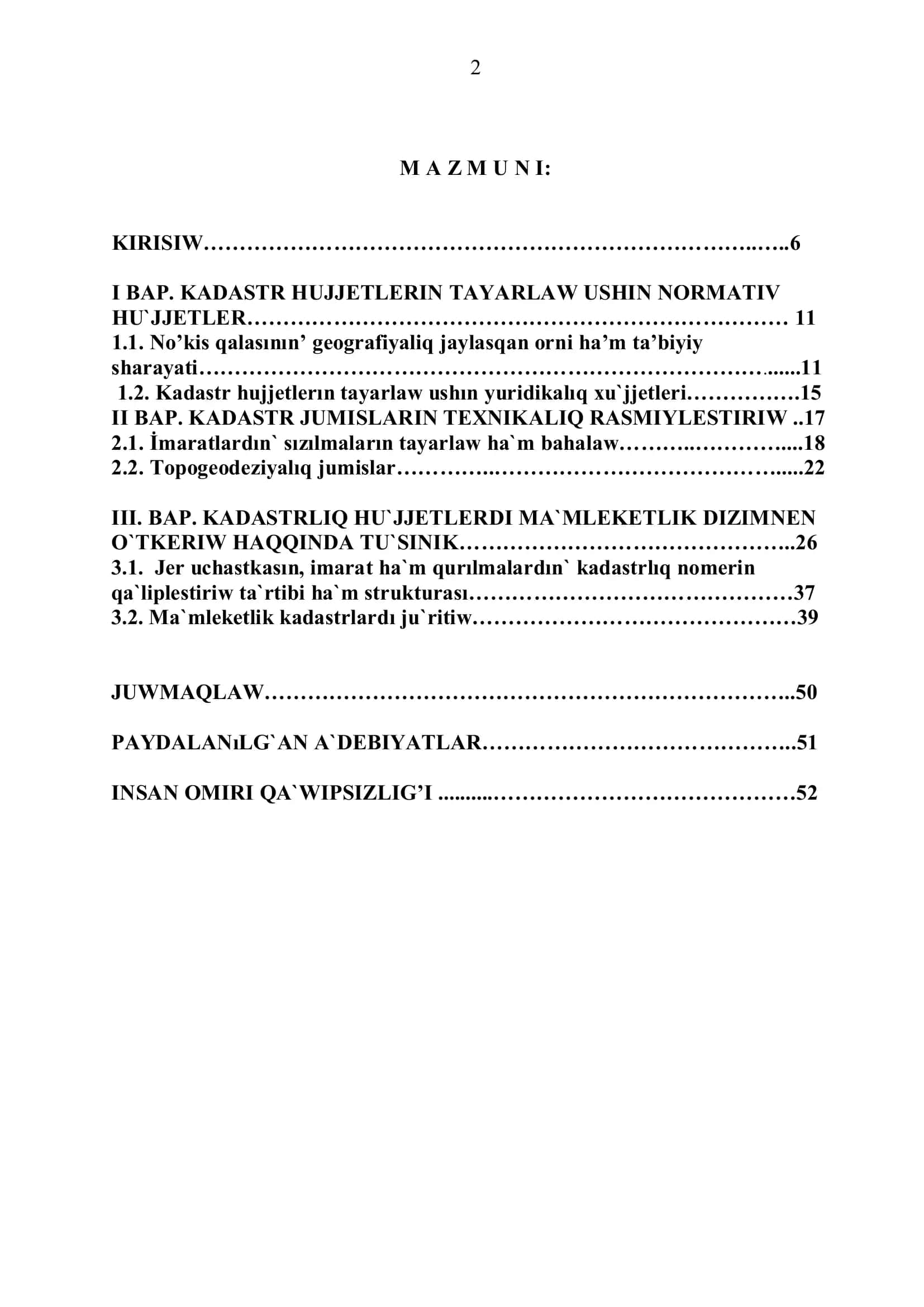 I BAP. KADASTR HUJJETLERIN TAYARLAW USHIN NORMATIV HU`JJETLER 2