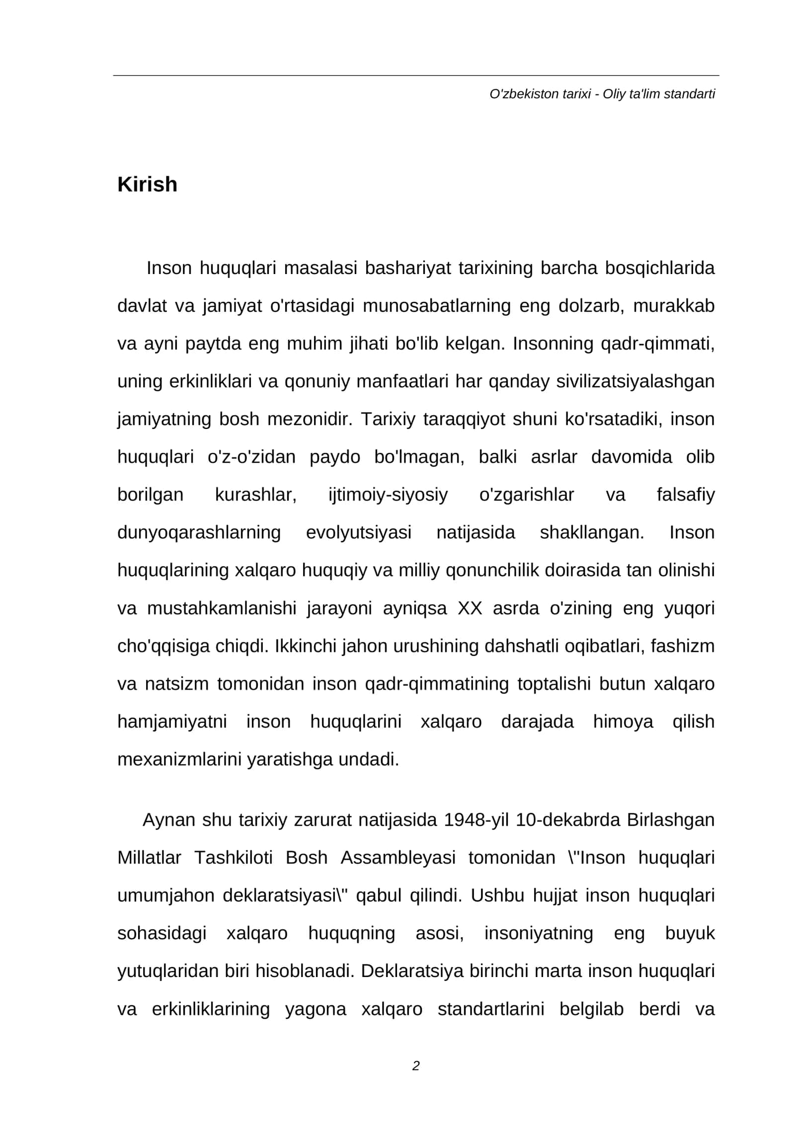 MUSTAQIL ISH: Inson huquqlari umumjahon deklaratsiyasi va milliy qonunchilik 2