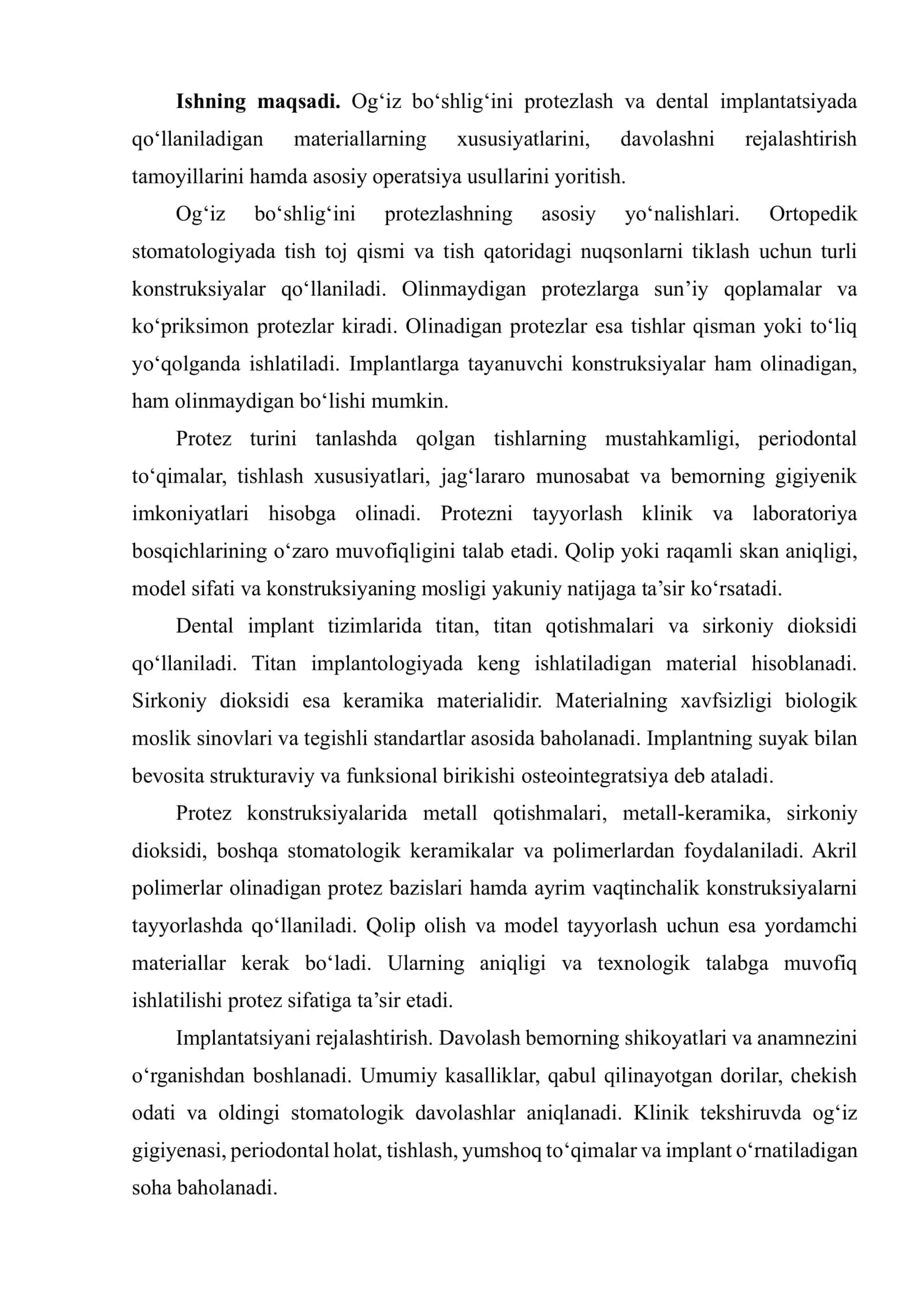 OG‘IZ BO‘SHLIG‘INI PROTEZLASH VA DENTAL IMPLANTLARNI TAYYORLASHDA QO‘LLANILADIGAN MATERIALLAR, IMPLANTATSIYANI REJALASHTIRISH VA OPERATSIYA USULLARI 2