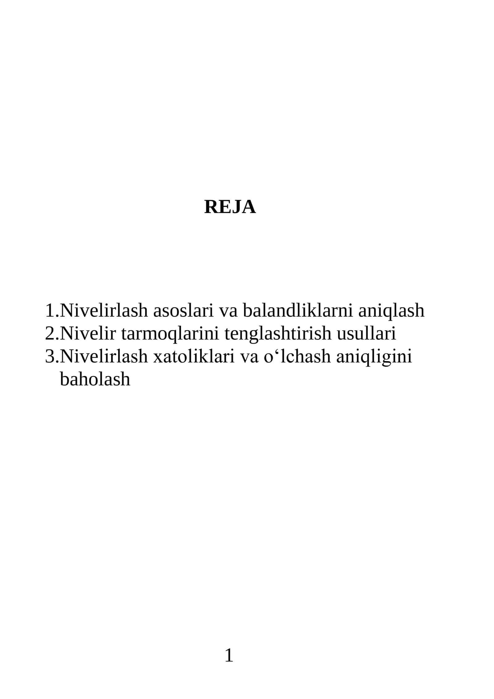 Nivelir tarmoqlarini oddiy usulda tenglashtirish va nivelirlash belgilari balandligini hisoblash. Nivelirlash xatoliklari va o‘lchash aniqligini baholash 2