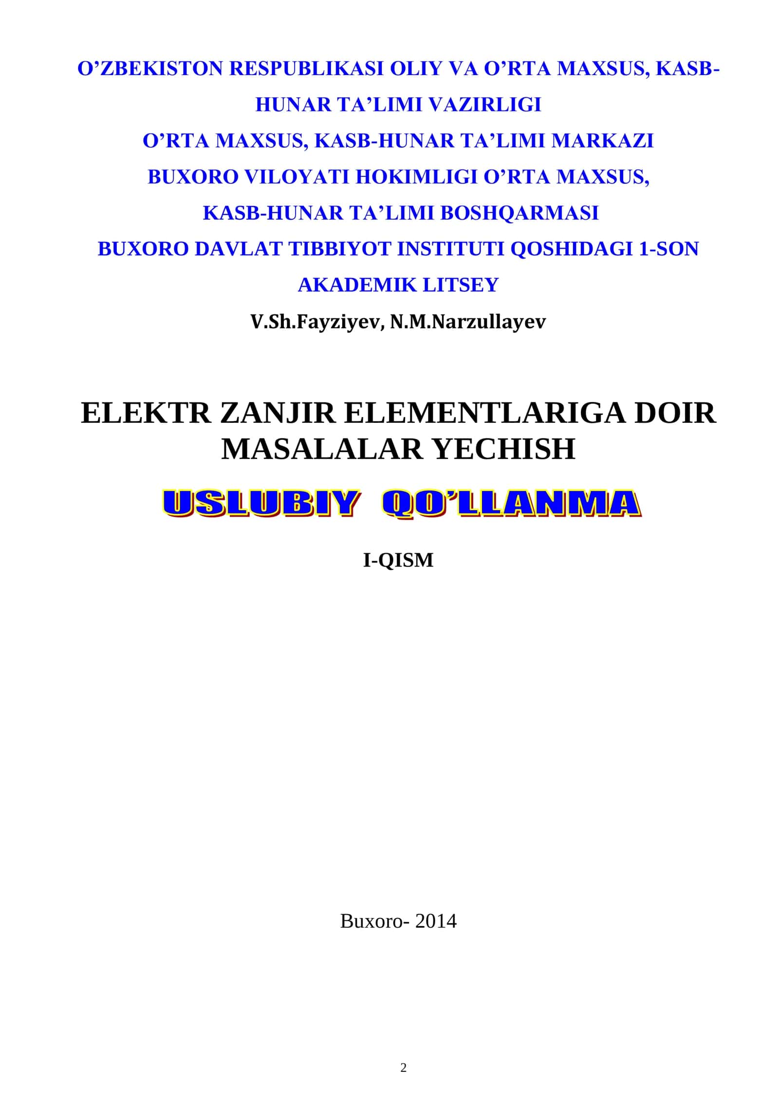 ELEKTR ZANJIR ELEMENTLARIGA DOIR MASALALAR YECHISH 2