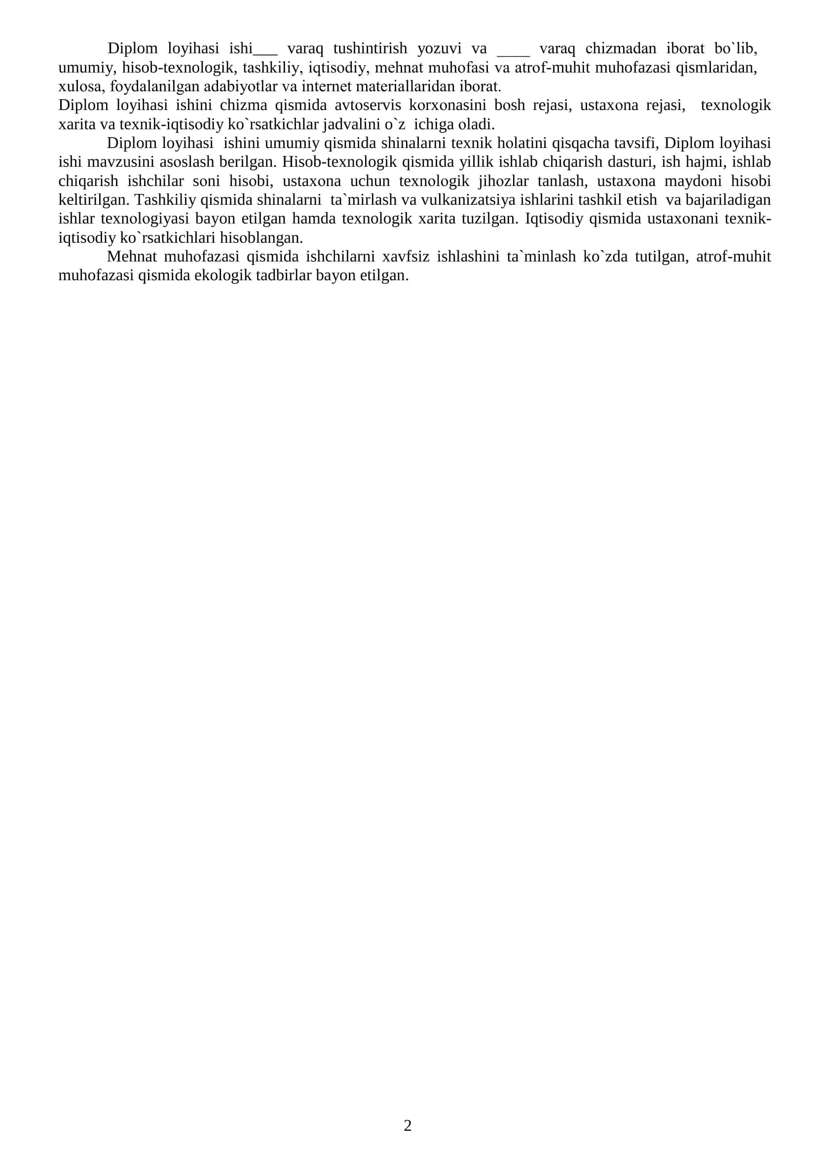 Yangiqo'rg'on tumani Zarkent qishlog'ida avtomobillarni ta'minlash tizimiga xizmat ko'rsatish ustaxonasini tashkil etish diplom loyiha ishi 2