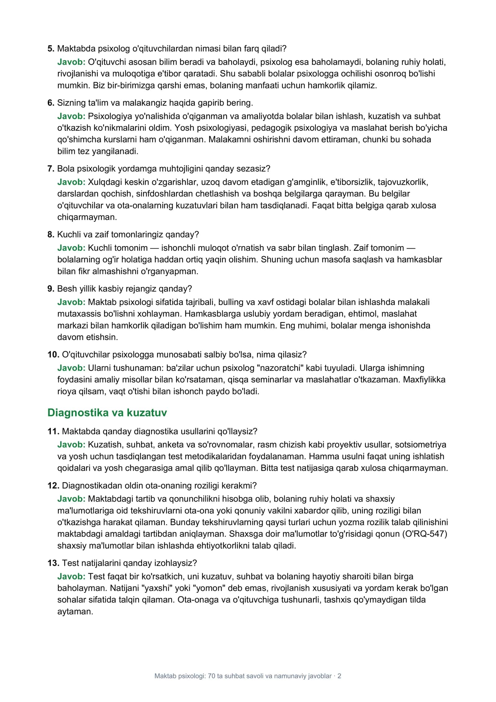 Maktab psixologi: 70 ta suhbat savoli va namunaviy javoblar 2