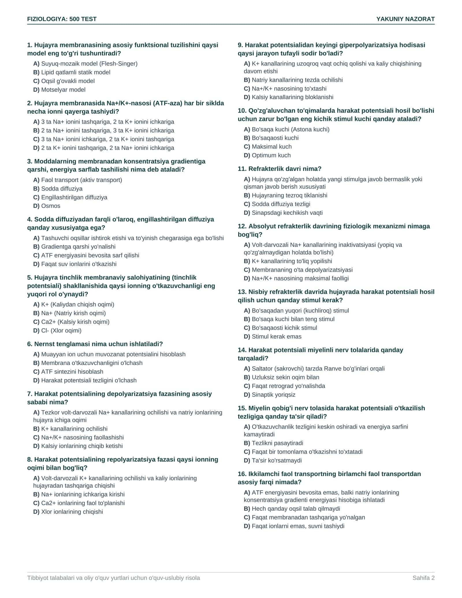 Fiziologiya — yakuniy nazorat uchun 500 ta test savoli + javoblari 2