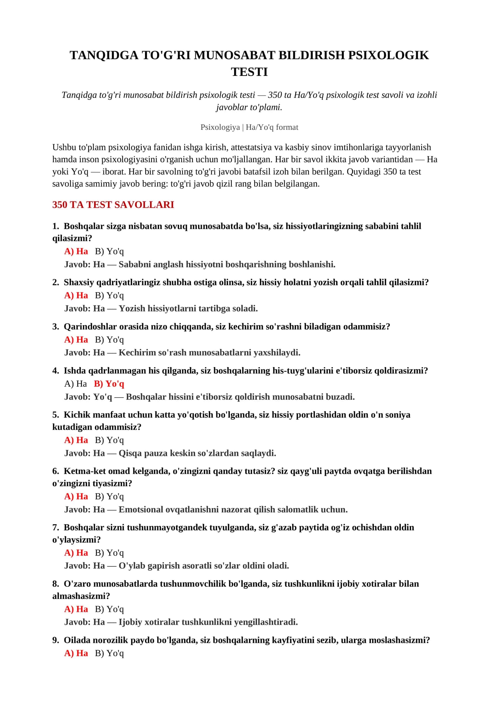 Tanqidga to'g'ri munosabat bildirish psixologik testi 2