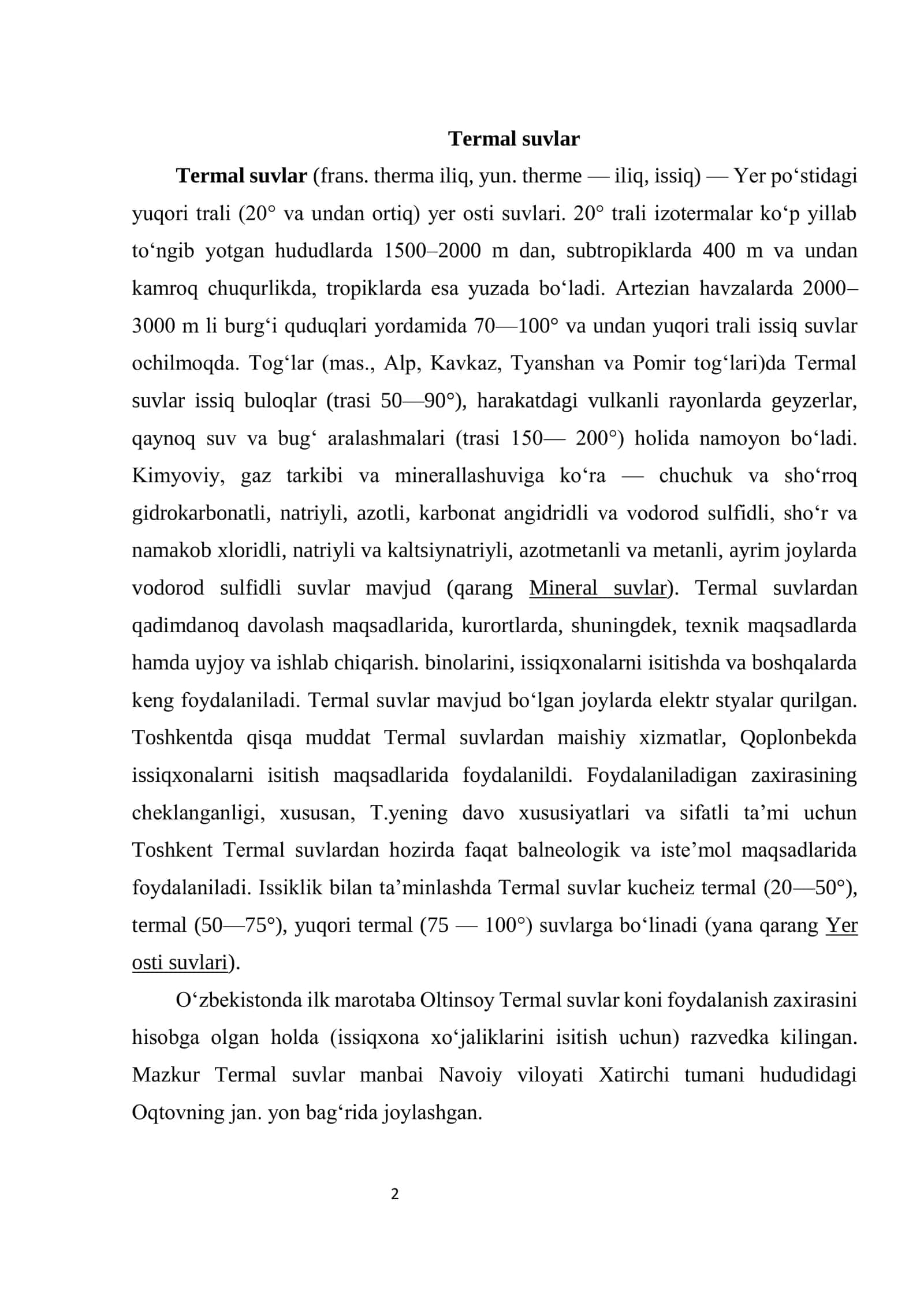 TERMAL, MINERAL SUVLAR HAQIDA TUSHUNCHALAR. ULARNING O‘ZBEKISTON RESPUBLIKASI DOIRASIDA TARQALISHI 2