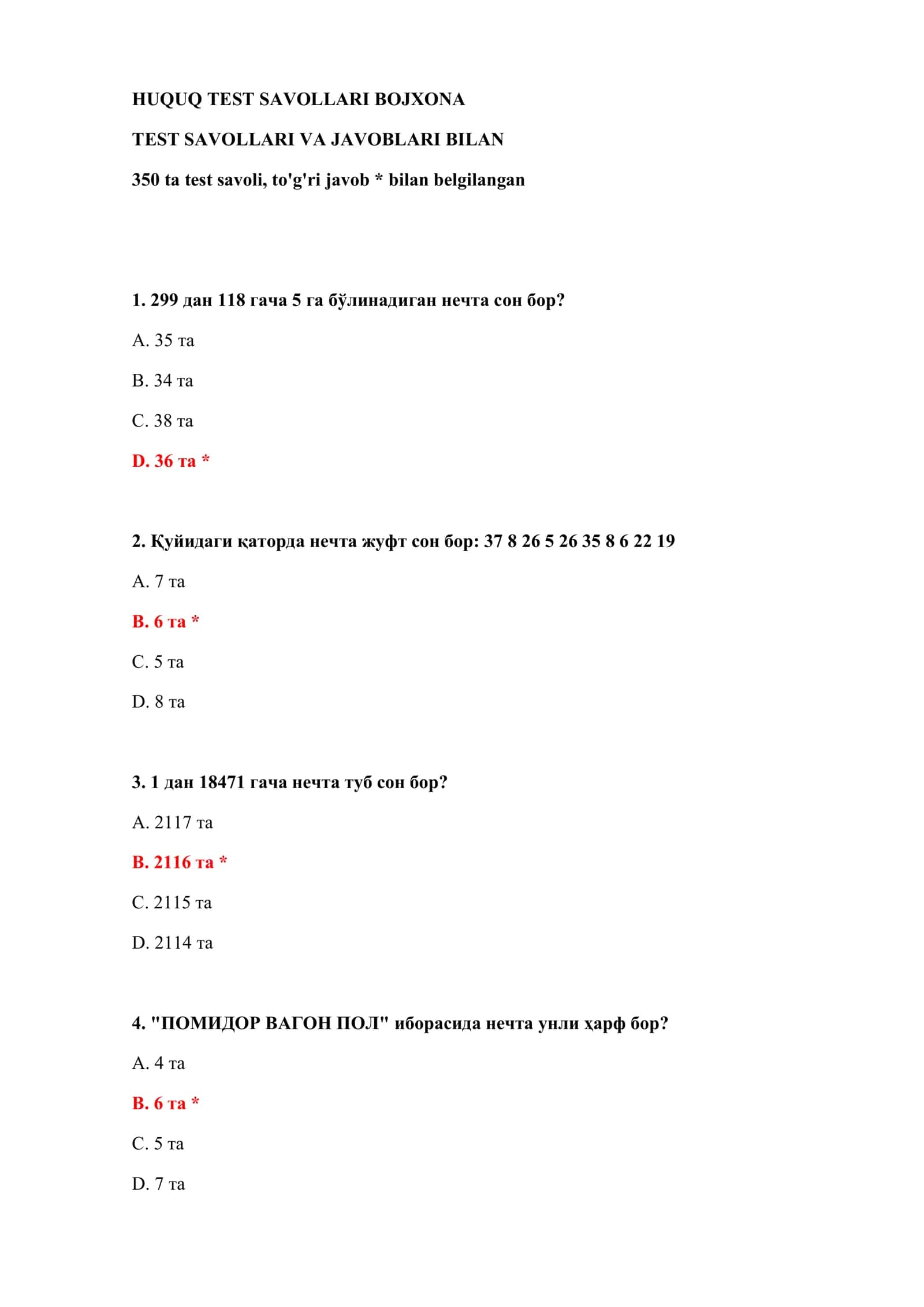 HUQUQ TEST SAVOLLARI BOJXONA 2