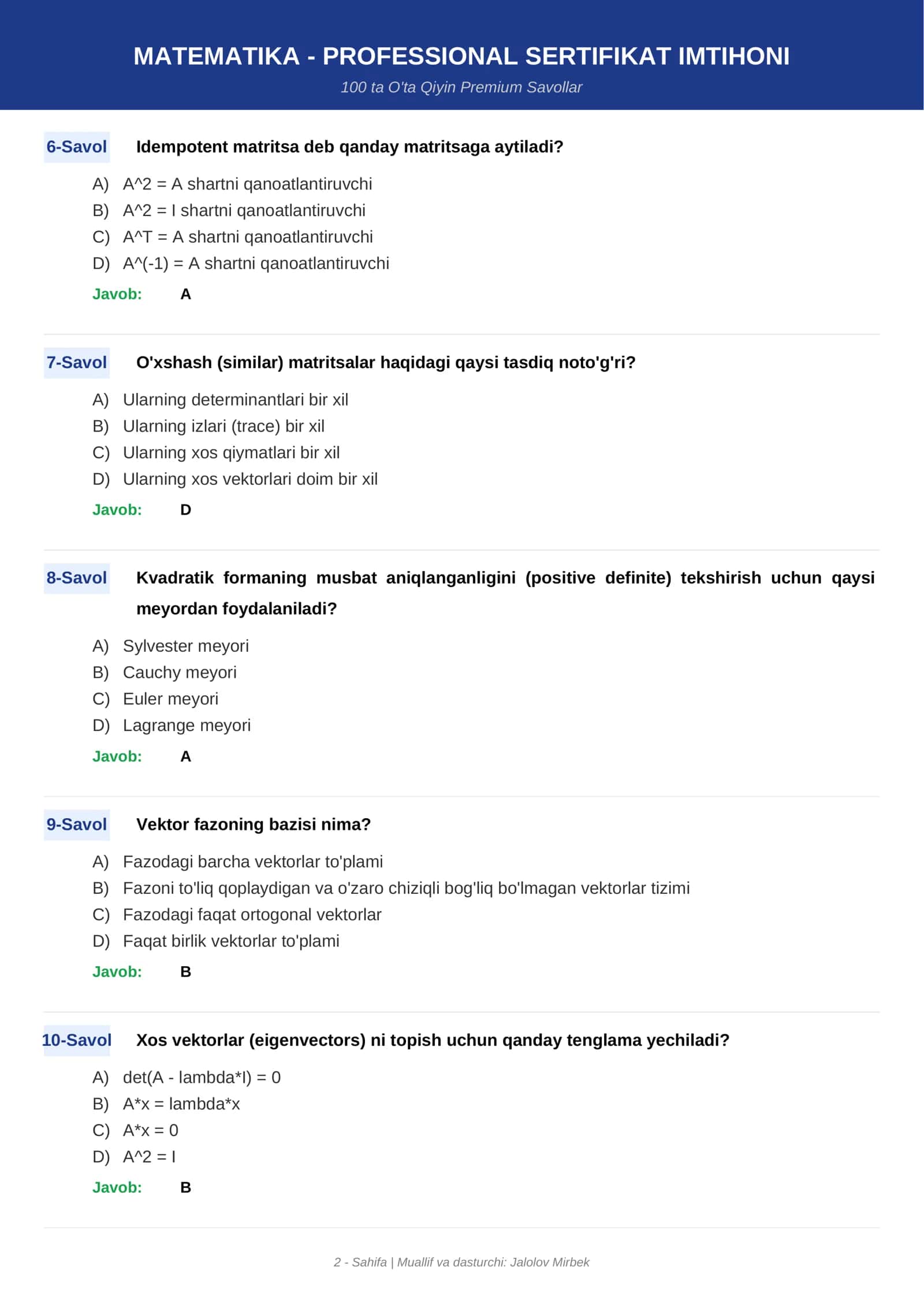 MATEMATIKA - PROFESSIONAL SERTIFIKAT IMTIHONI 2