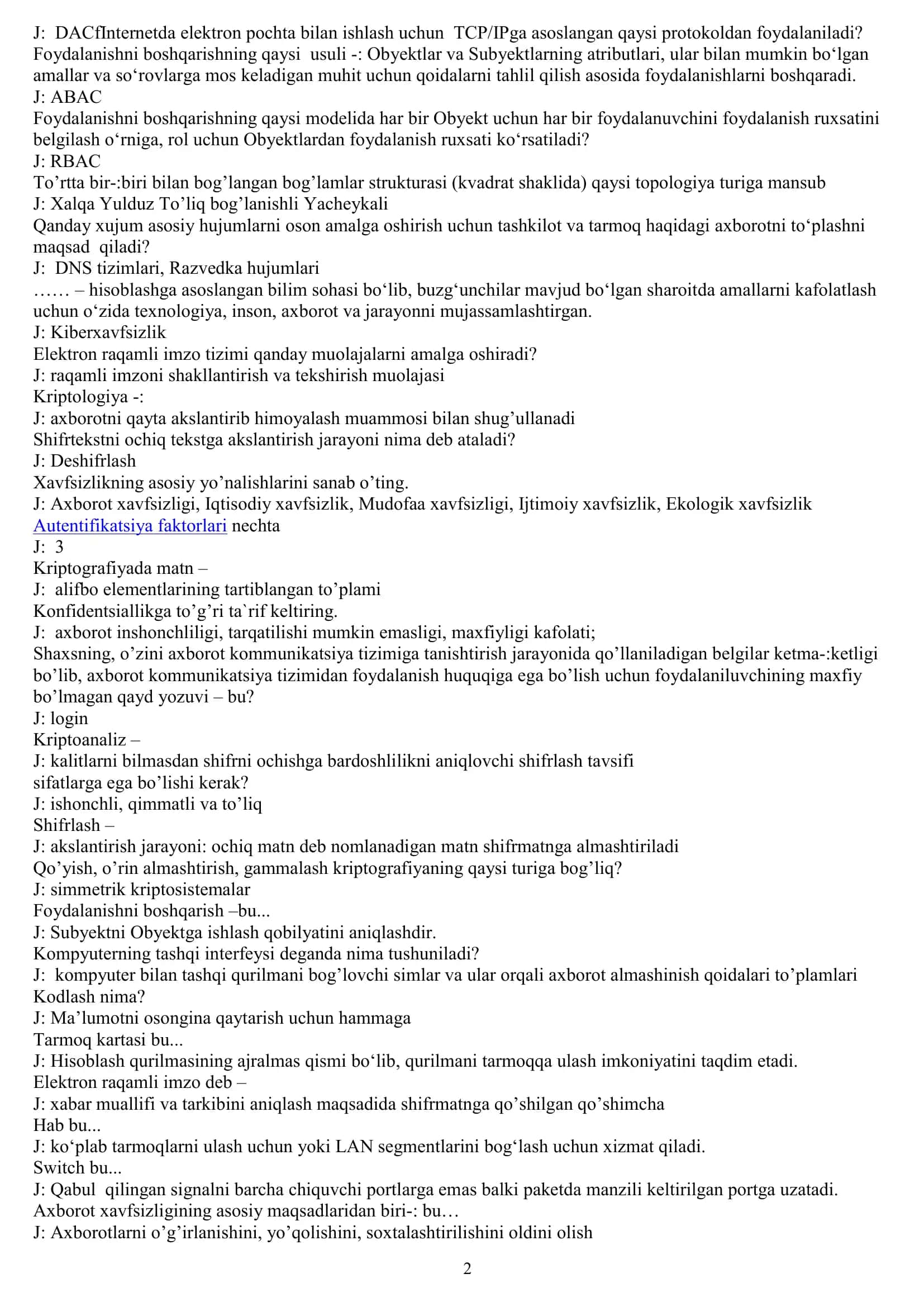 Kiberxavfsizlik asoslari test savollari javoblari 2