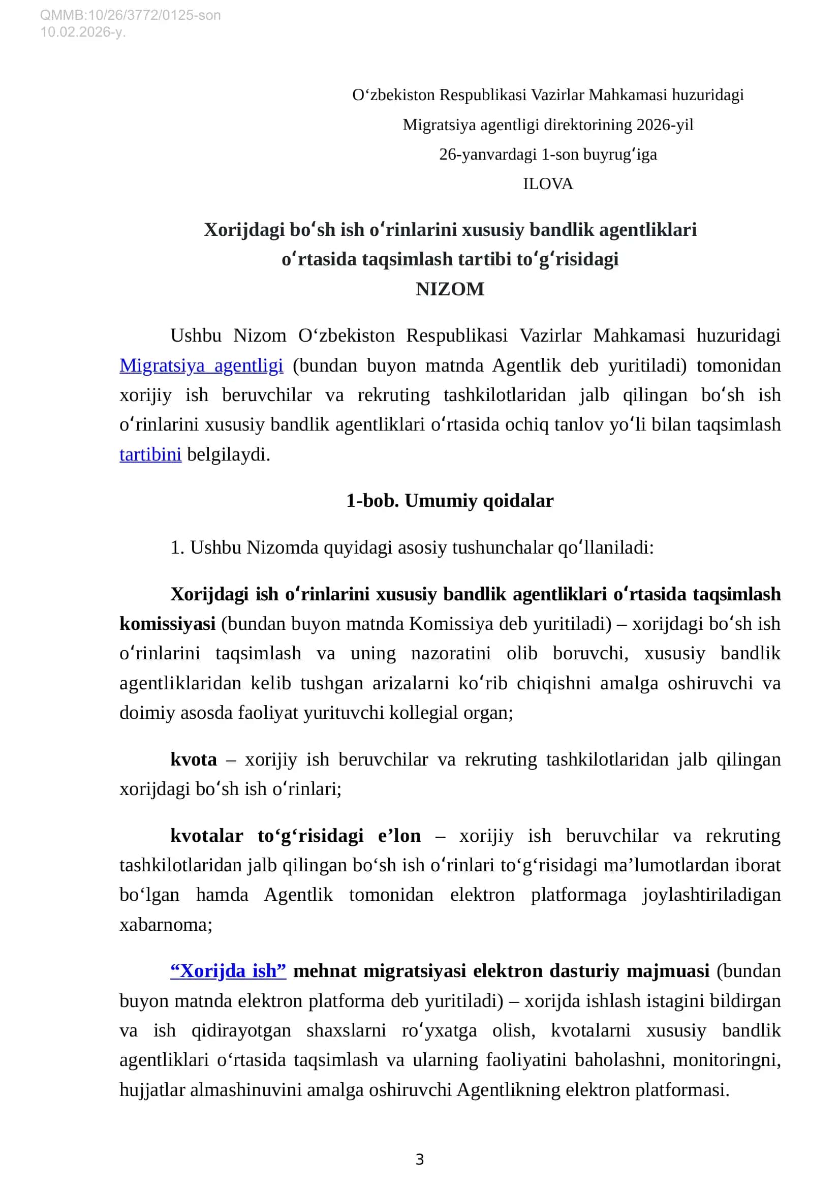 Mavzu: Xorijdagi bo‘sh ish o‘rinlarini xususiy bandlik agentliklari o‘rtasida taqsimlash tartibi to‘g‘risidagi nizomni tasdiqlash haqida 2