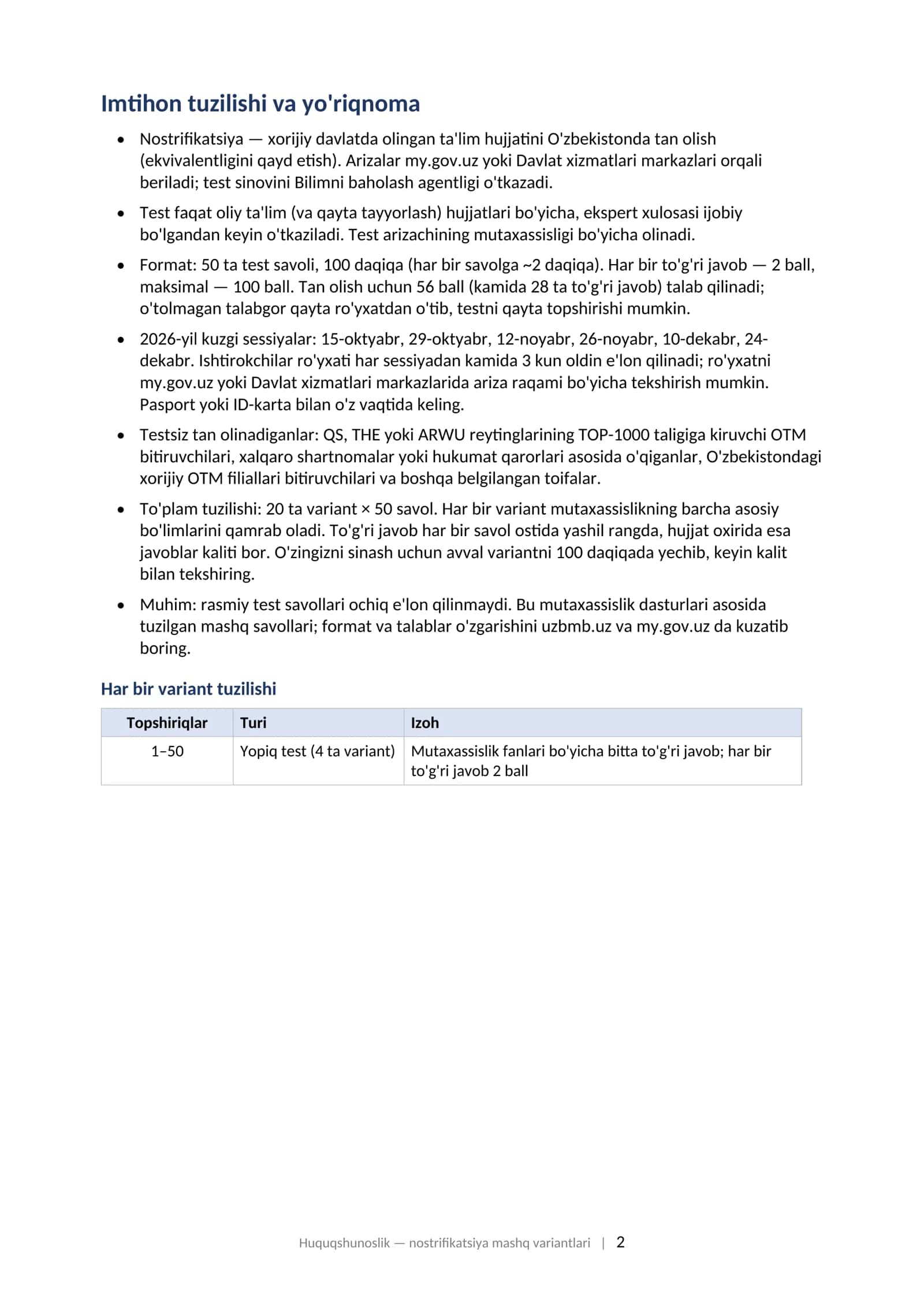 HUQUQSHUNOSLIK Nostrifikatsiya (xorijiy diplomni tan olish) test sinoviga tayyorgarlik: variantlar to'plami (2025–2026) 2