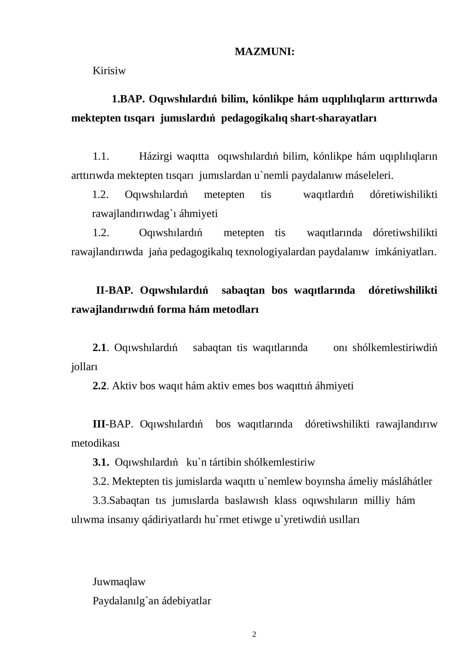 Oqíwshılar bilím, kónlıkpe hám uqíplılıqların arttıríwda mektepten tısqarı jumıslardıń pedagogíkalıq shart-sharáyatları 2