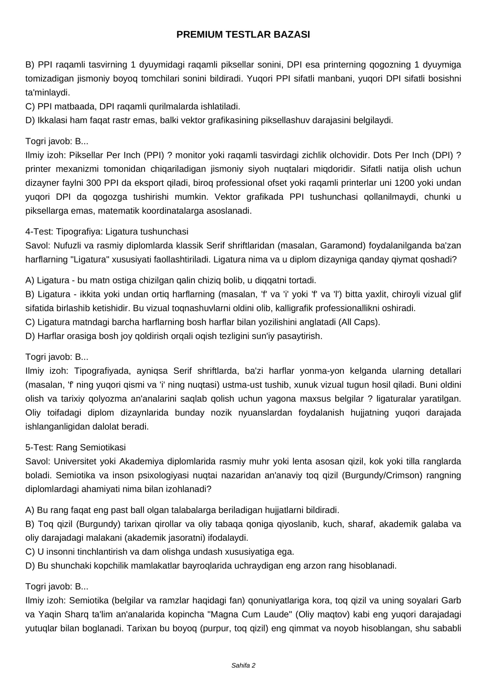 Diplom Dizaynlari Boyicha Premium Testlar Bazasi 2