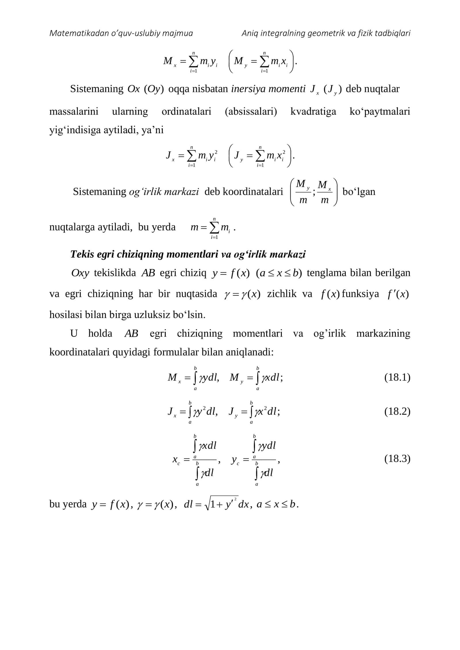Aniq integralning tadbiqlari 2