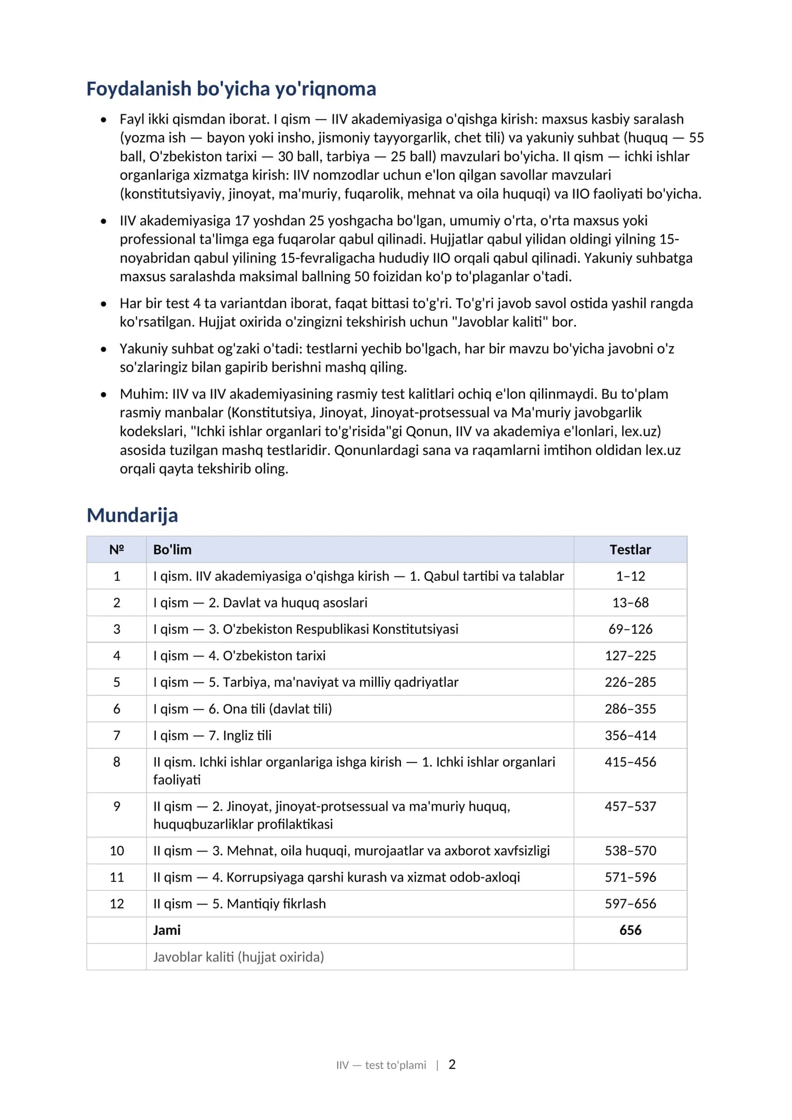 IIV Akademiyasi Test To'plami 2