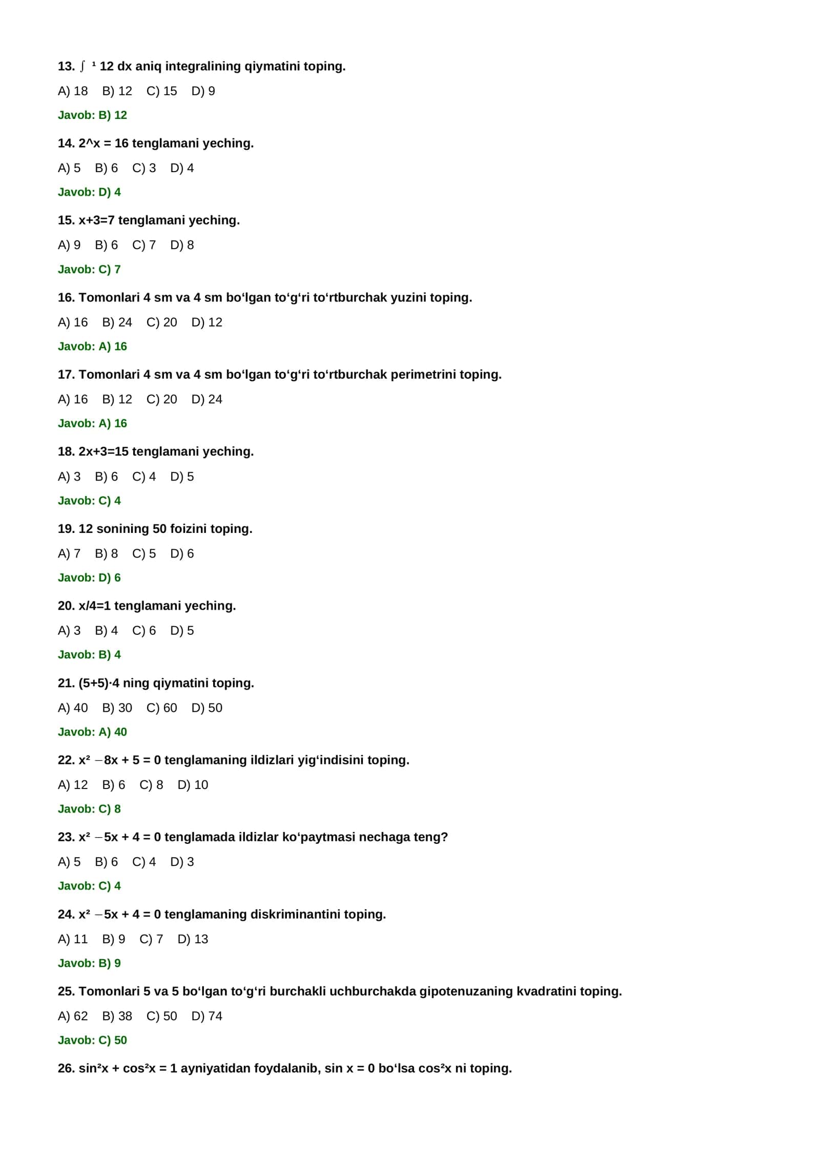 10–11-SINF MATEMATIKA — 1000 TA MURAKKAB TEST VA JAVOBLARI 2