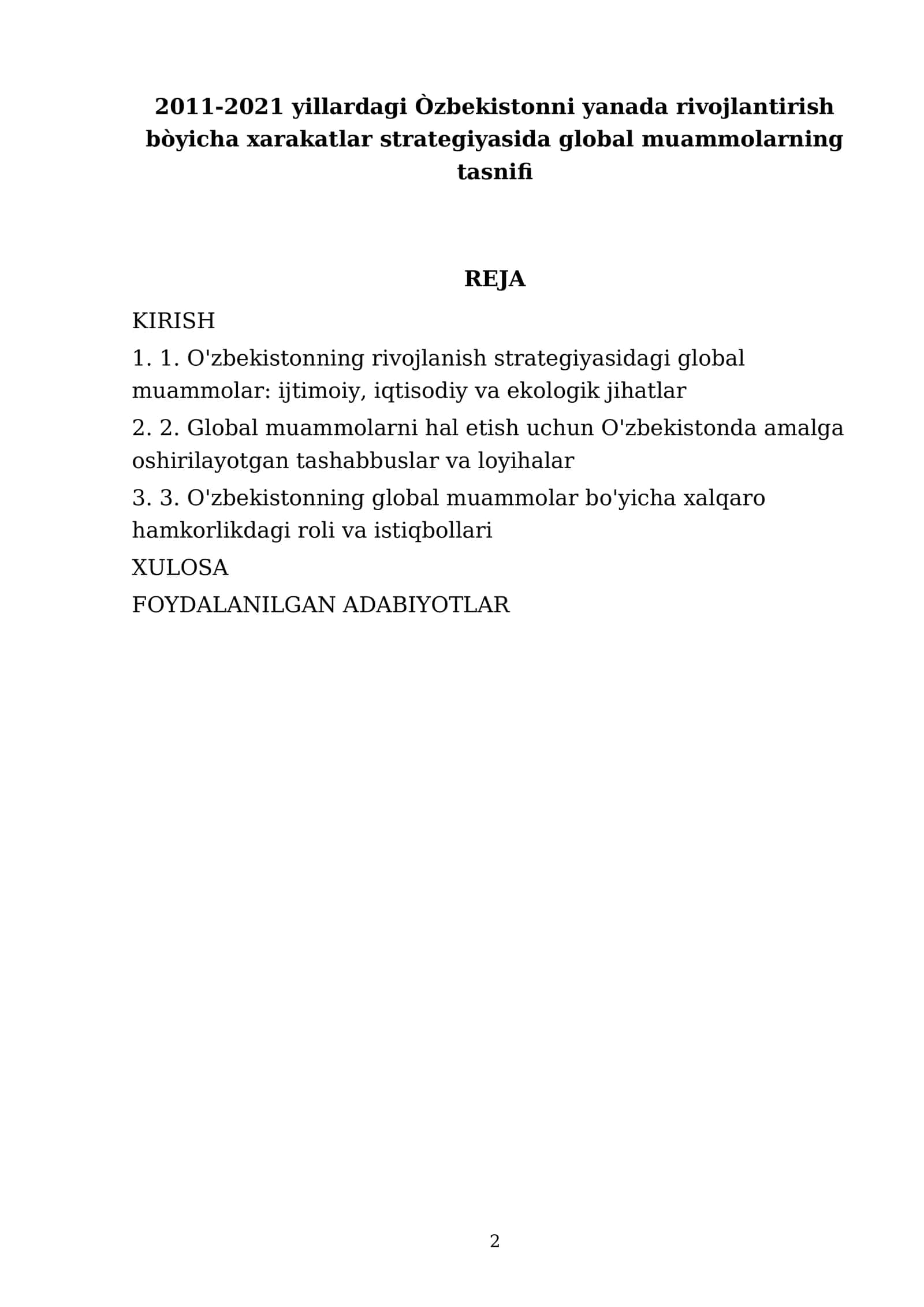 O'zbekistonni rivojlantirish bòyicha xarakatlar strategiyasida global muammolarning tasnifi 2