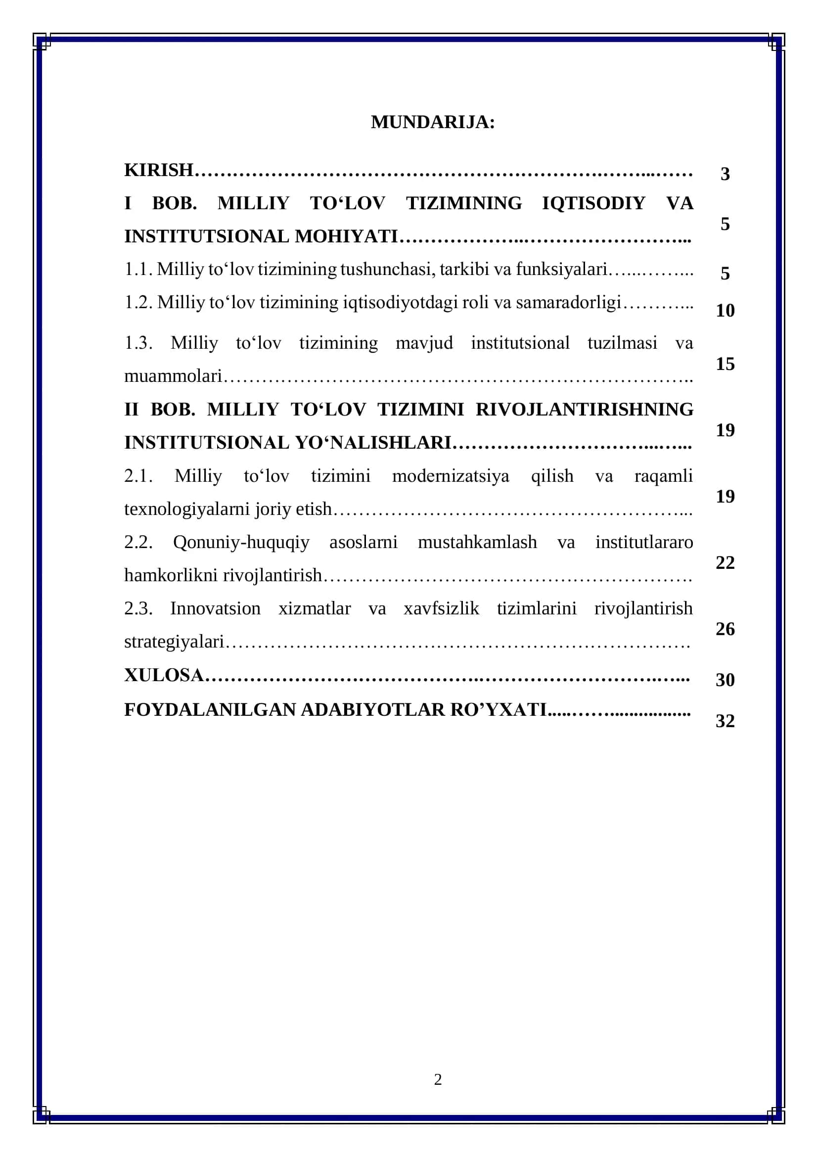 Milliy to‘lov tizimini institutsional rivojlantirish yo‘nalishlari 2