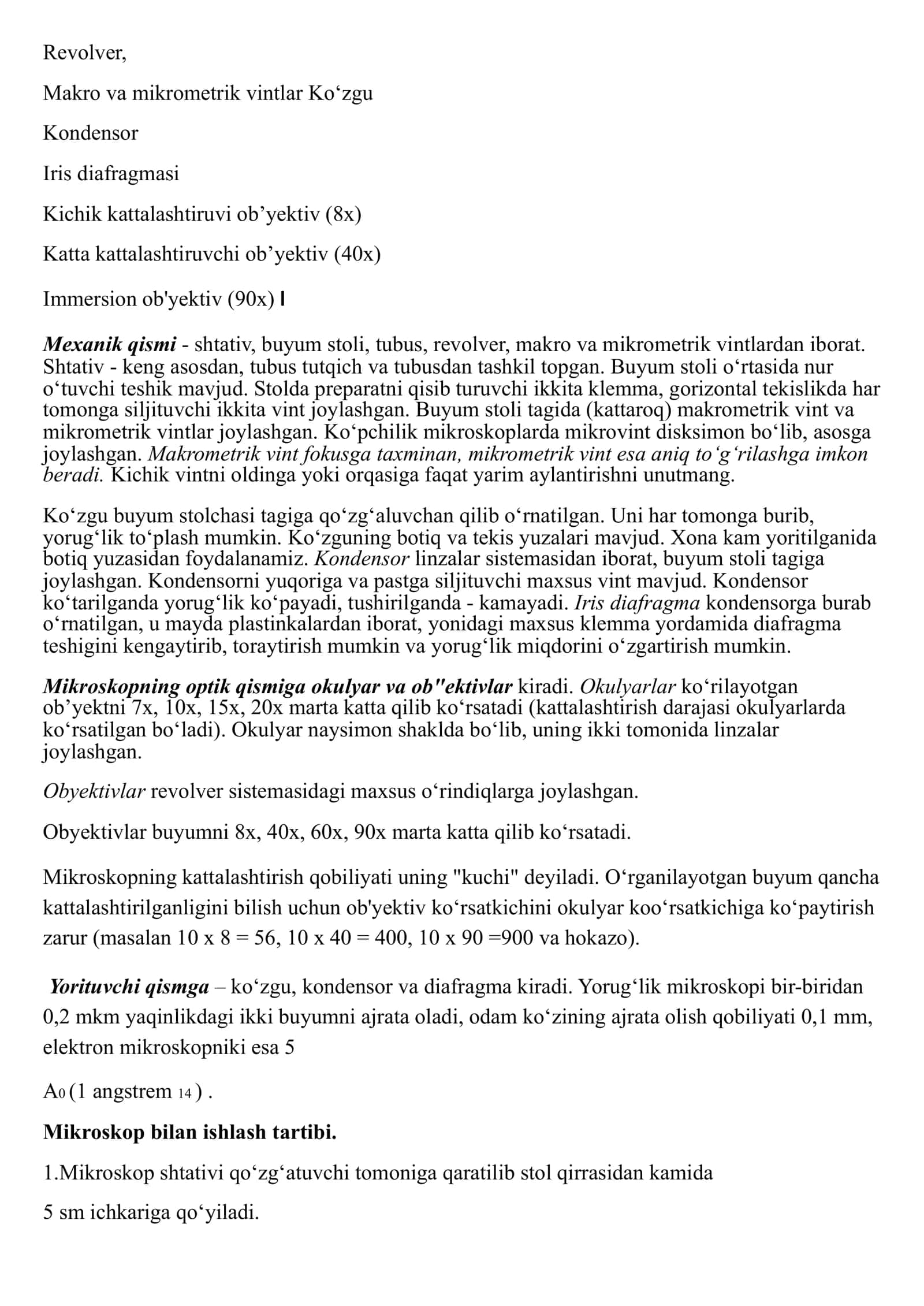 Mikroskop bilan ishlash qoidasi. Vaqtinchalik preparatlar tayyorlash. 2