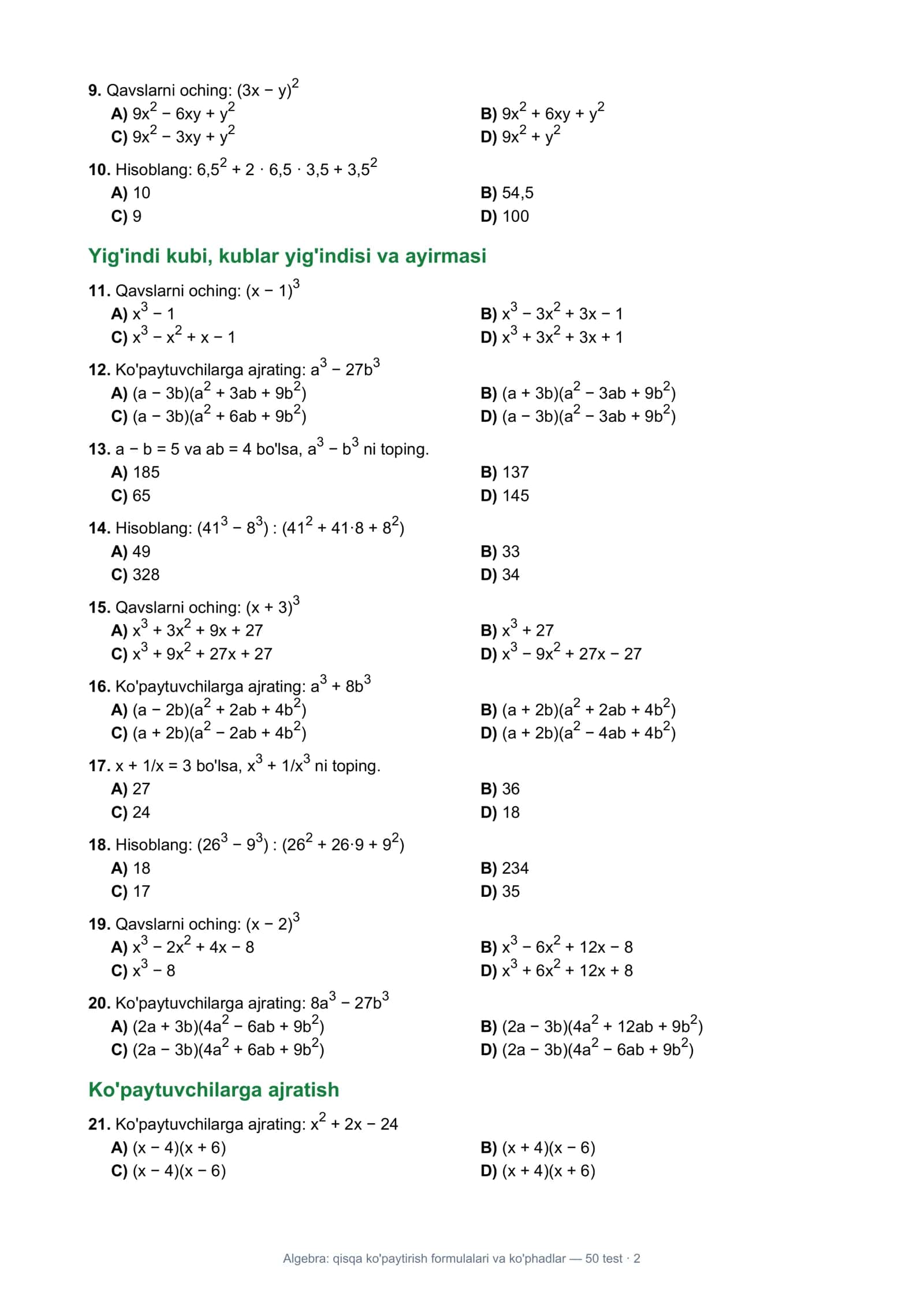 Algebra: Qisqa ko'paytirish formulalari va ko'phadlar 2